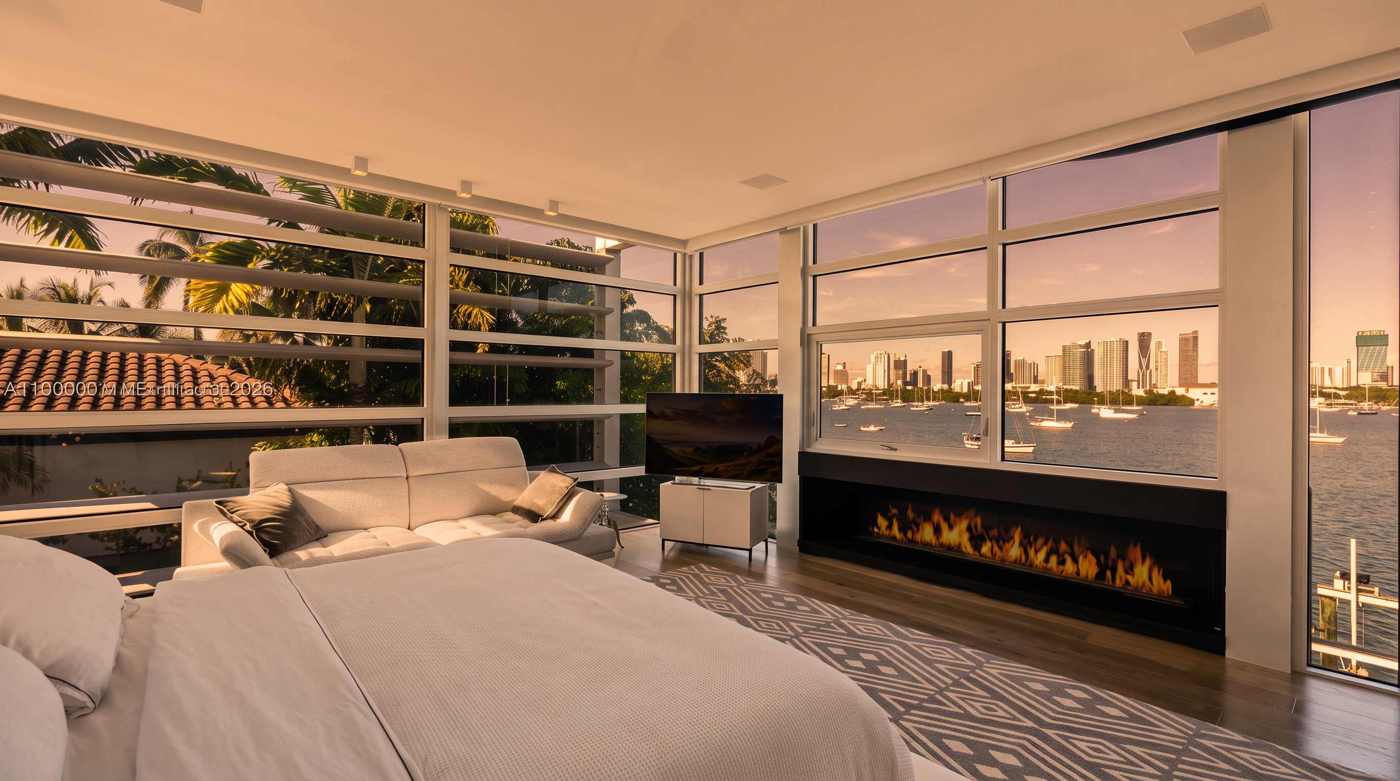 This primary bedroom features a minimalist, modern aesthetic with a large bed positioned to face a wide, linear fireplace set into a dark, full-height wall feature. Expansive windows wrap around the room, offering panoramic views of the bay and city skyline, while a light-colored sofa sits near the corner. A patterned area rug anchors the space, which is finished with light wood flooring and a clean, neutral color palette.