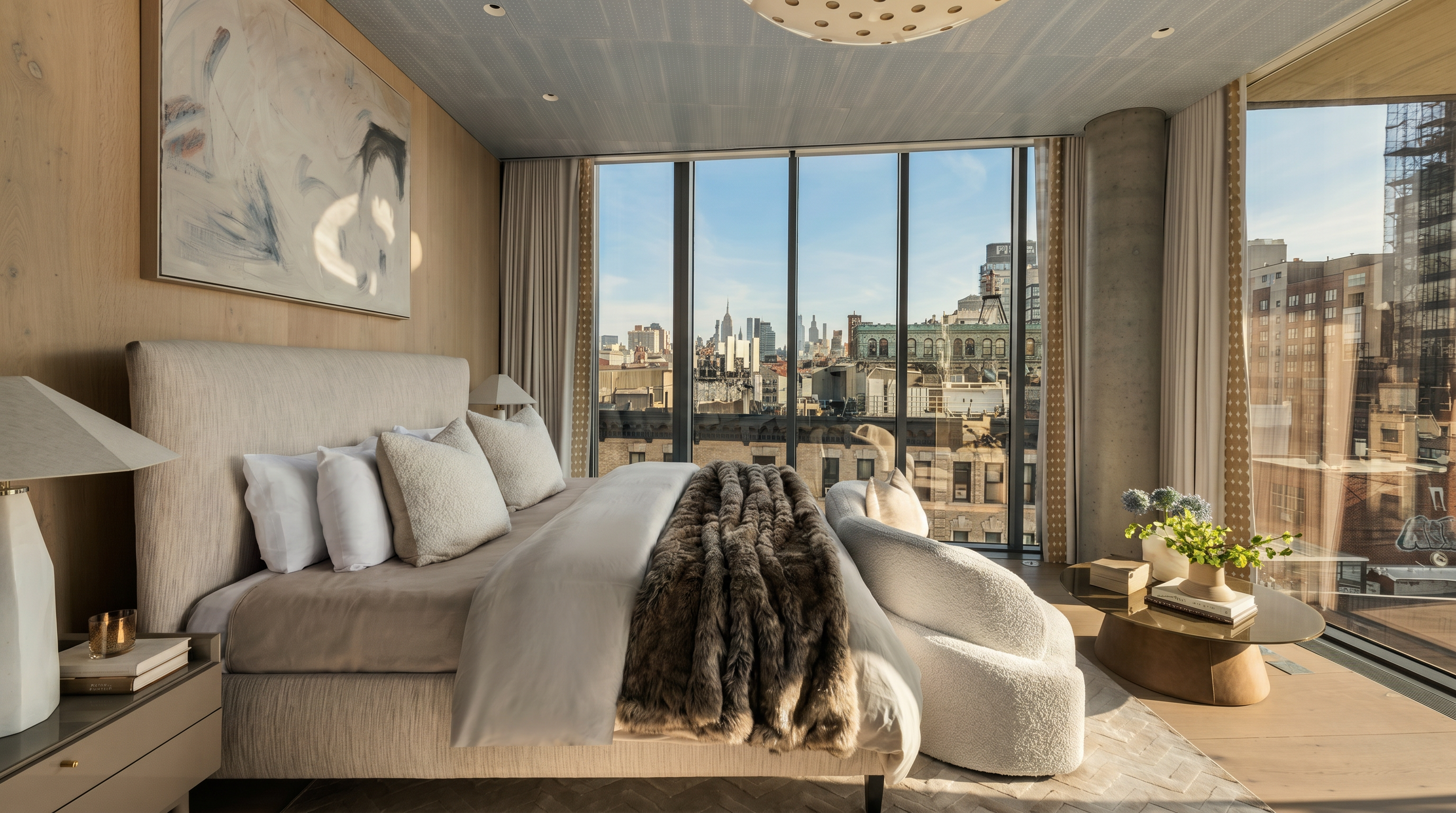 This sophisticated primary bedroom features a neutral color palette with light wood wall paneling and a textured ceiling. A plush, upholstered bed serves as the focal point, complemented by a curved bench and a low-profile coffee table near the expansive floor-to-ceiling windows that offer a panoramic city view. The room is bathed in natural light, creating an airy and luxurious atmosphere.