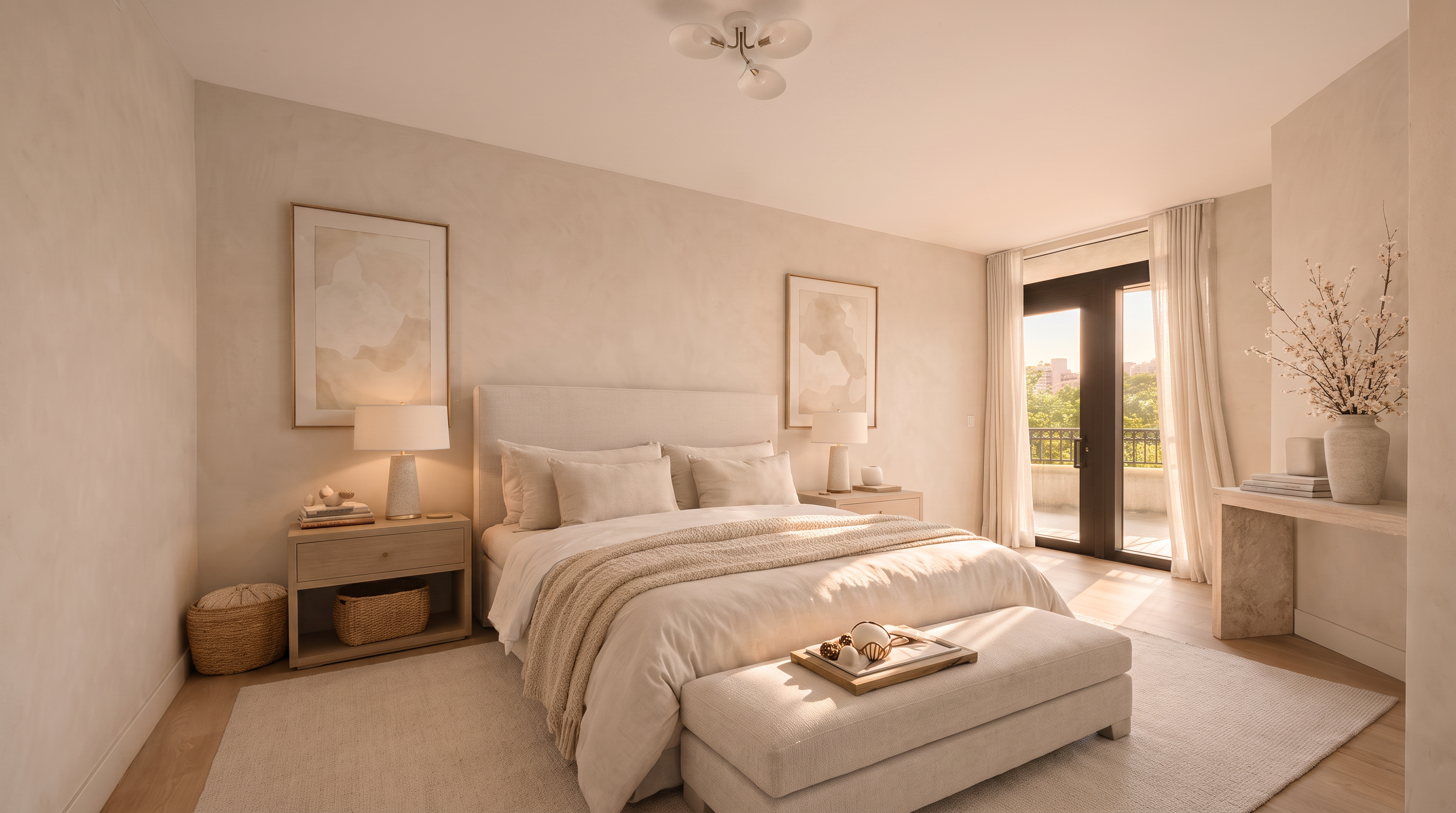 This serene primary bedroom features a neutral color palette with soft beige and cream tones, creating a calm and inviting atmosphere. The room is anchored by a plush upholstered bed flanked by matching nightstands and lamps, with a bench at the foot of the bed and a console table near the balcony door. Large glass doors provide natural light and access to an outdoor space, while framed artwork adds a touch of sophistication to the minimalist design.
