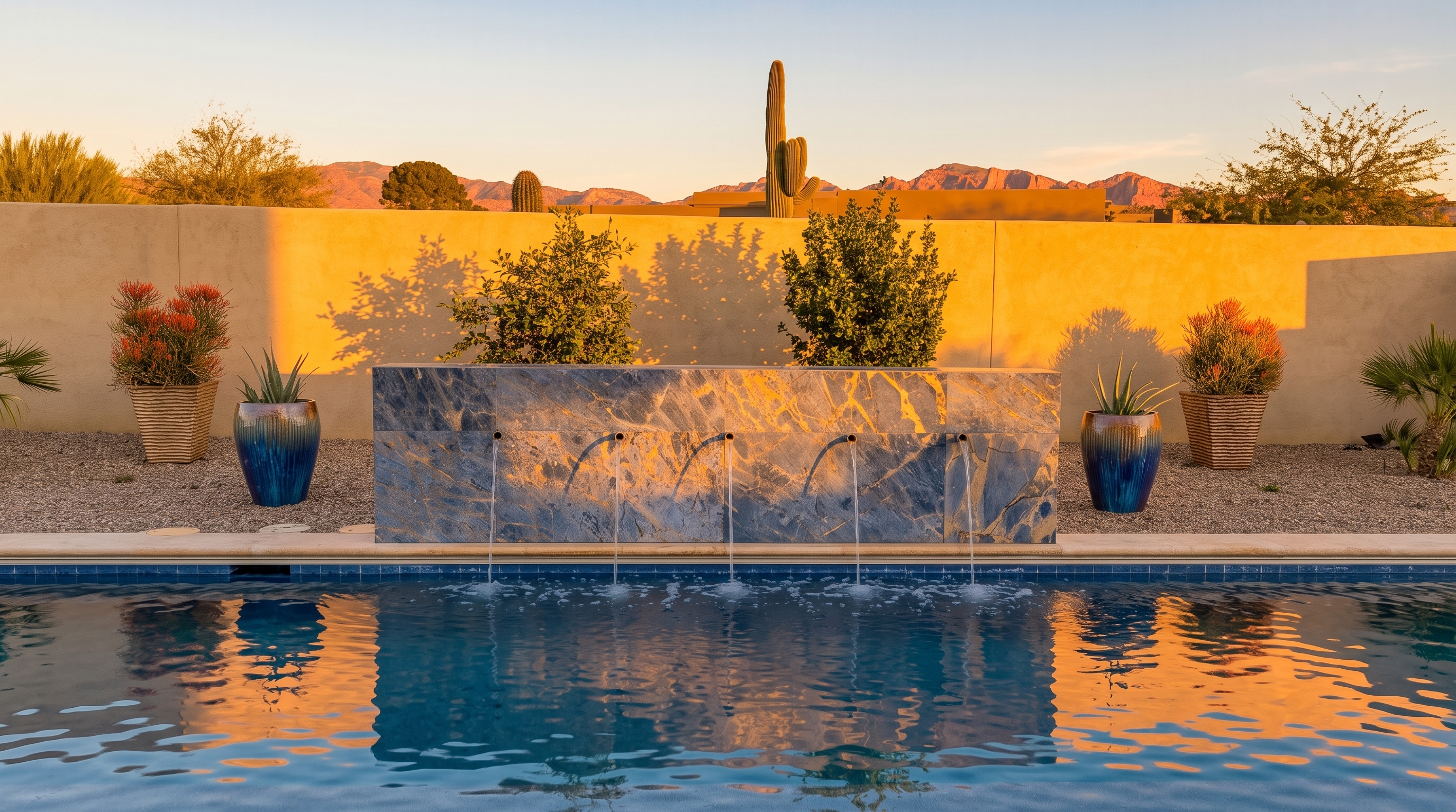 This serene outdoor scene features a rectangular swimming pool anchored by a striking blue stone water feature with four integrated spouts. The pool area is framed by symmetrical potted plants and desert landscaping, set against a backdrop of a neutral-toned wall and distant mountains under a vibrant sunset sky. The composition offers a tranquil, high-end resort aesthetic perfect for highlighting luxury outdoor living.