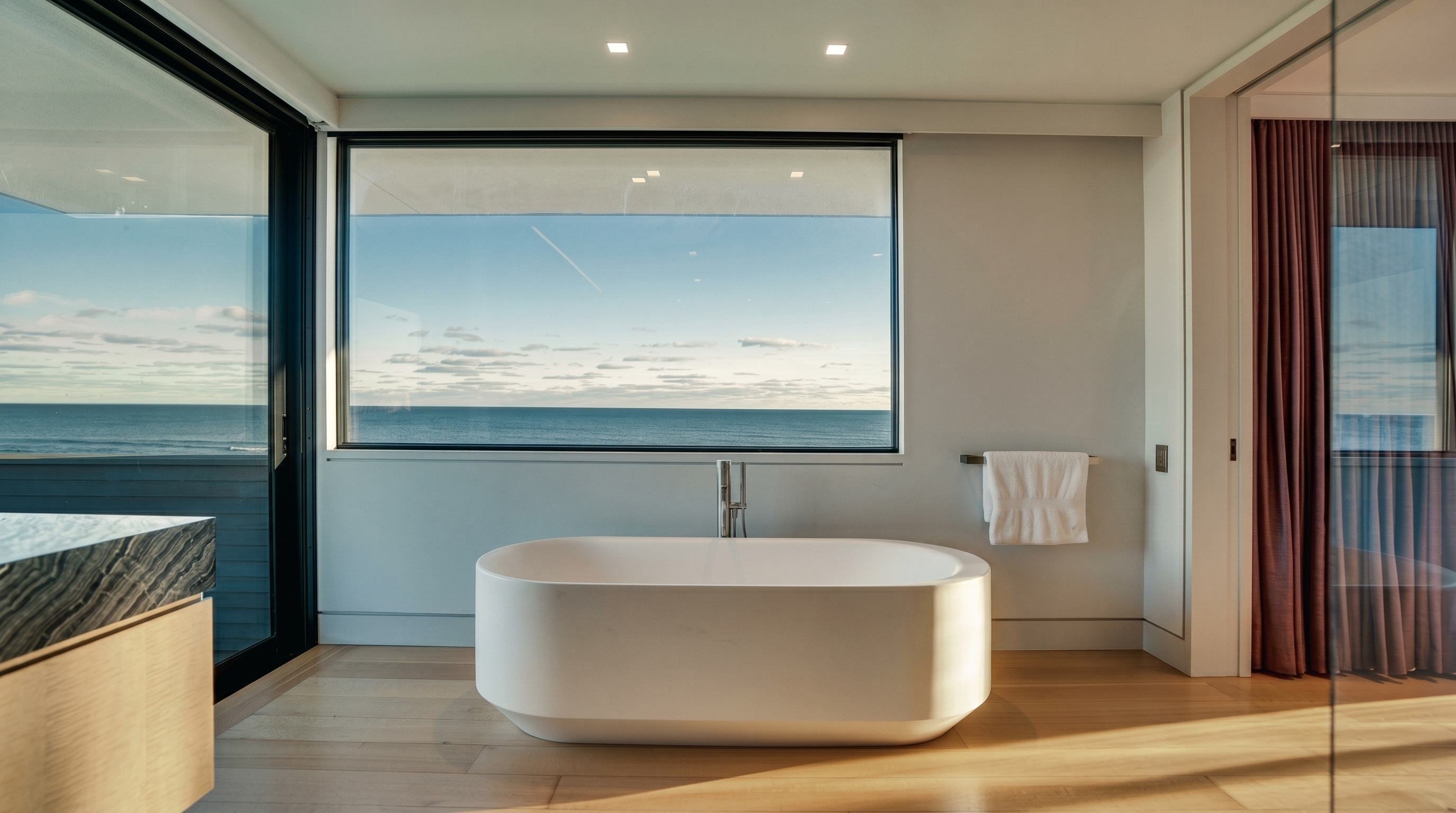 This serene primary bathroom features a minimalist freestanding soaking tub positioned directly in front of a large, wide window that frames an expansive ocean view. The space is finished with light wood flooring and neutral walls, creating a calm, spa-like atmosphere. A white towel hangs on a wall-mounted rack, and a portion of a stone-topped vanity is visible on the left, emphasizing the clean, modern design.