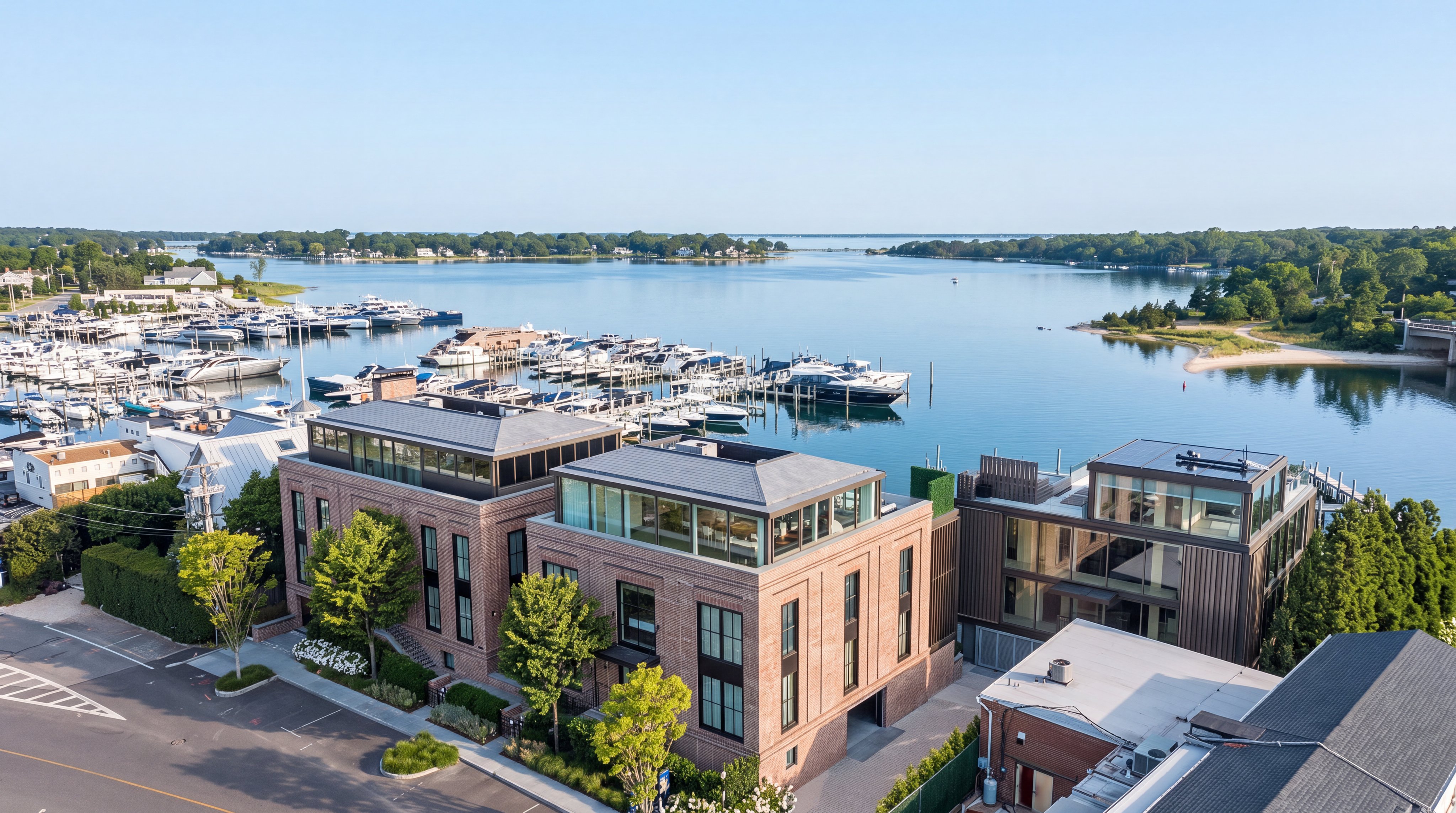This is an aerial view featuring multiple modern multi-story brick residential buildings situated directly on a scenic waterfront marina. The homes boast contemporary penthouse-style glass additions on the top floor and are surrounded by lush greenery, a paved parking area, and well-maintained landscaping. The property offers a serene, luxurious setting with direct access to a boat basin and expansive harbor views.