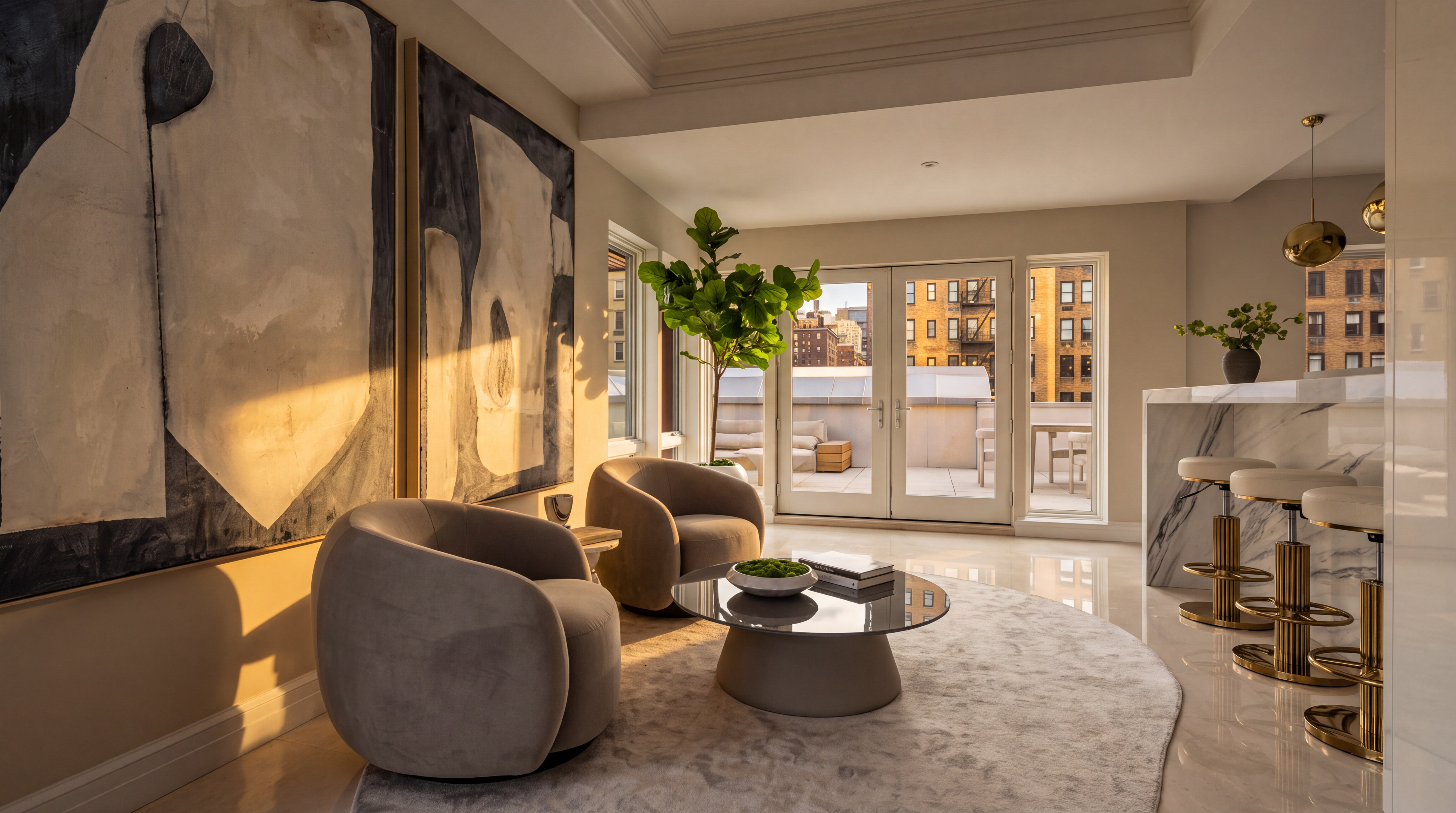 This sophisticated living area features a pair of plush, rounded grey armchairs arranged around a circular glass-topped coffee table on a soft, light-toned rug. Large abstract art pieces adorn the wall, while a marble-topped bar area with three stools provides a seamless transition to the adjacent space. The room is bright and airy, with large glass doors leading to an outdoor terrace and a tall fiddle leaf fig plant adding a touch of greenery.