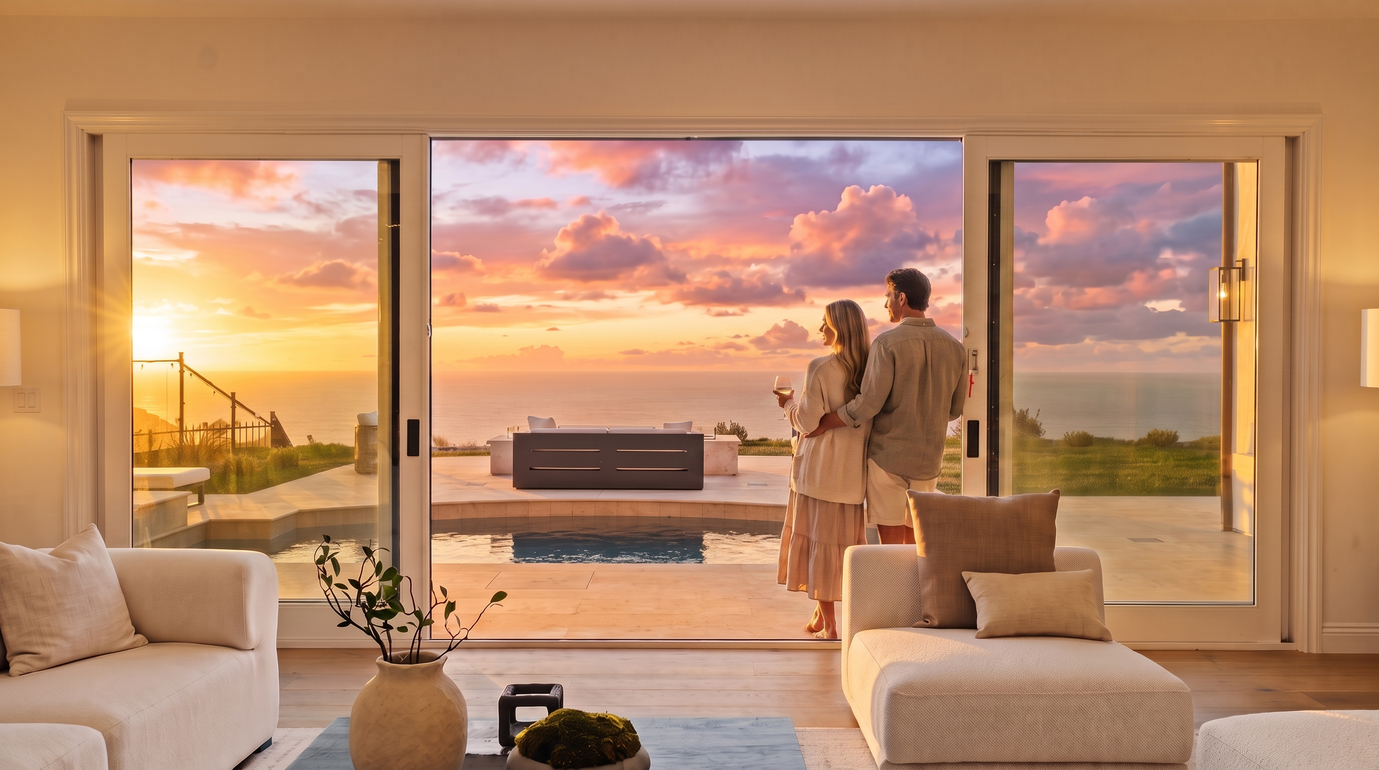 This interior living space features a seamless transition to the outdoors through expansive, floor-to-ceiling sliding glass doors that frame a panoramic ocean view. The room is furnished with plush, light-toned seating, while the exterior patio showcases a modern swimming pool and a sleek lounge area overlooking the horizon. The overall aesthetic is bright, airy, and luxurious, emphasizing the connection between the indoor living area and the coastal landscape.