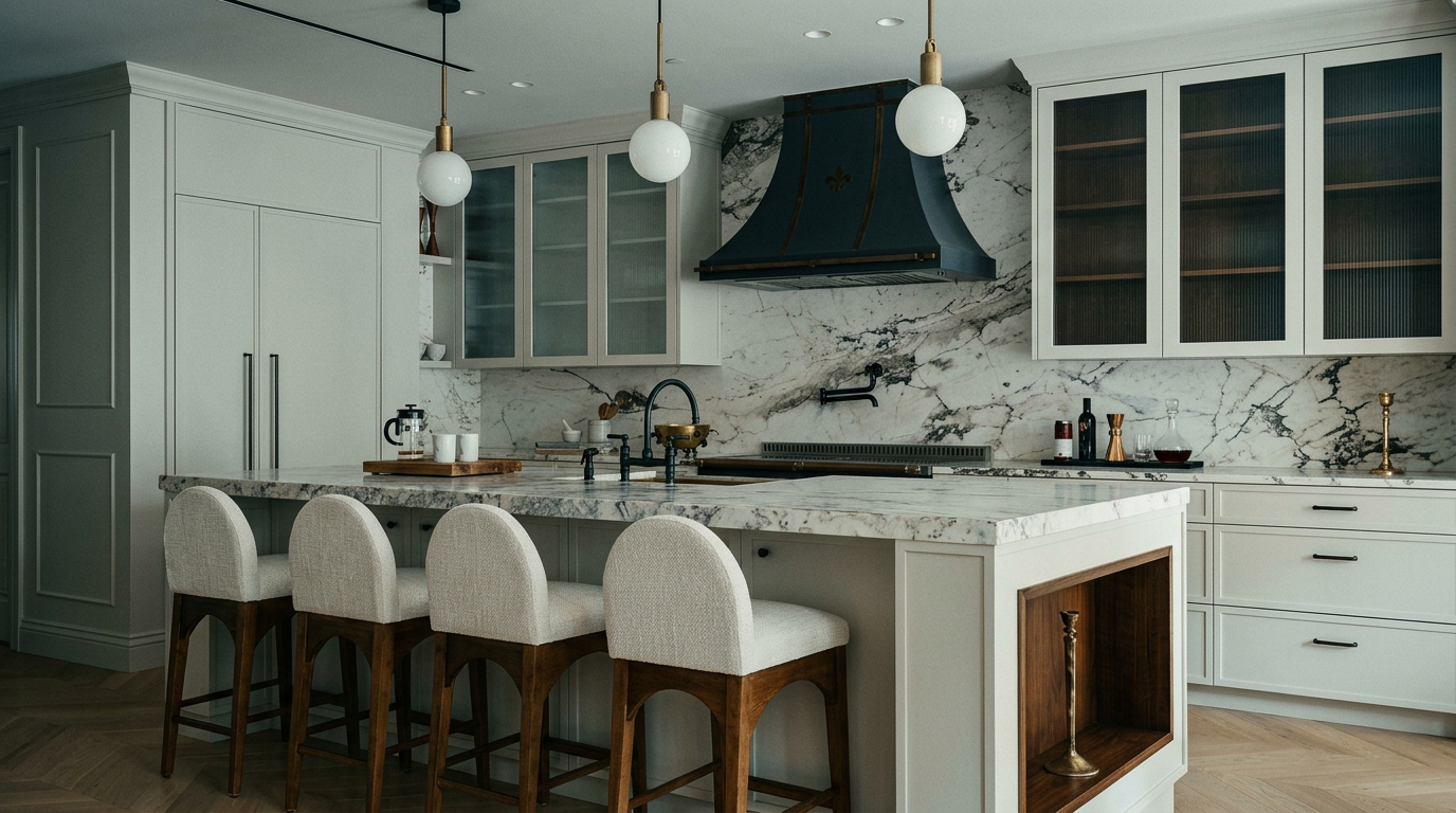 This sophisticated, high-end kitchen features a large marble-topped island with integrated wooden shelving and four upholstered bar stools. The space is defined by its elegant contrast between white cabinetry, a striking dark blue range hood, and warm herringbone wood flooring. The perspective is a wide-angle shot from the kitchen island, showcasing the luxurious finishes and modern pendant lighting that create a bright, inviting atmosphere.