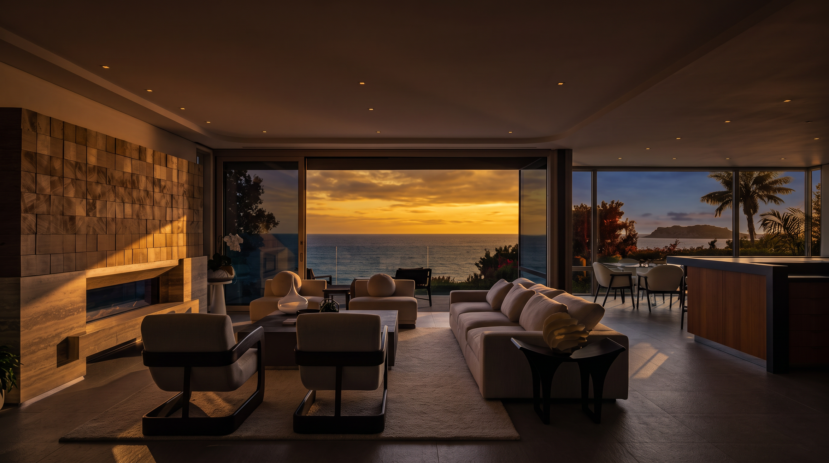 This sophisticated living room features a neutral color palette and an open-concept layout that seamlessly connects to a spacious outdoor deck overlooking the ocean. The space is anchored by a large, light-toned sofa and two modern armchairs, all arranged around a central coffee table, with a textured stone-clad wall providing a striking focal point. Large glass sliding doors retract to blur the lines between the interior living area and the expansive coastal horizon, creating an airy and luxurious atmosphere.