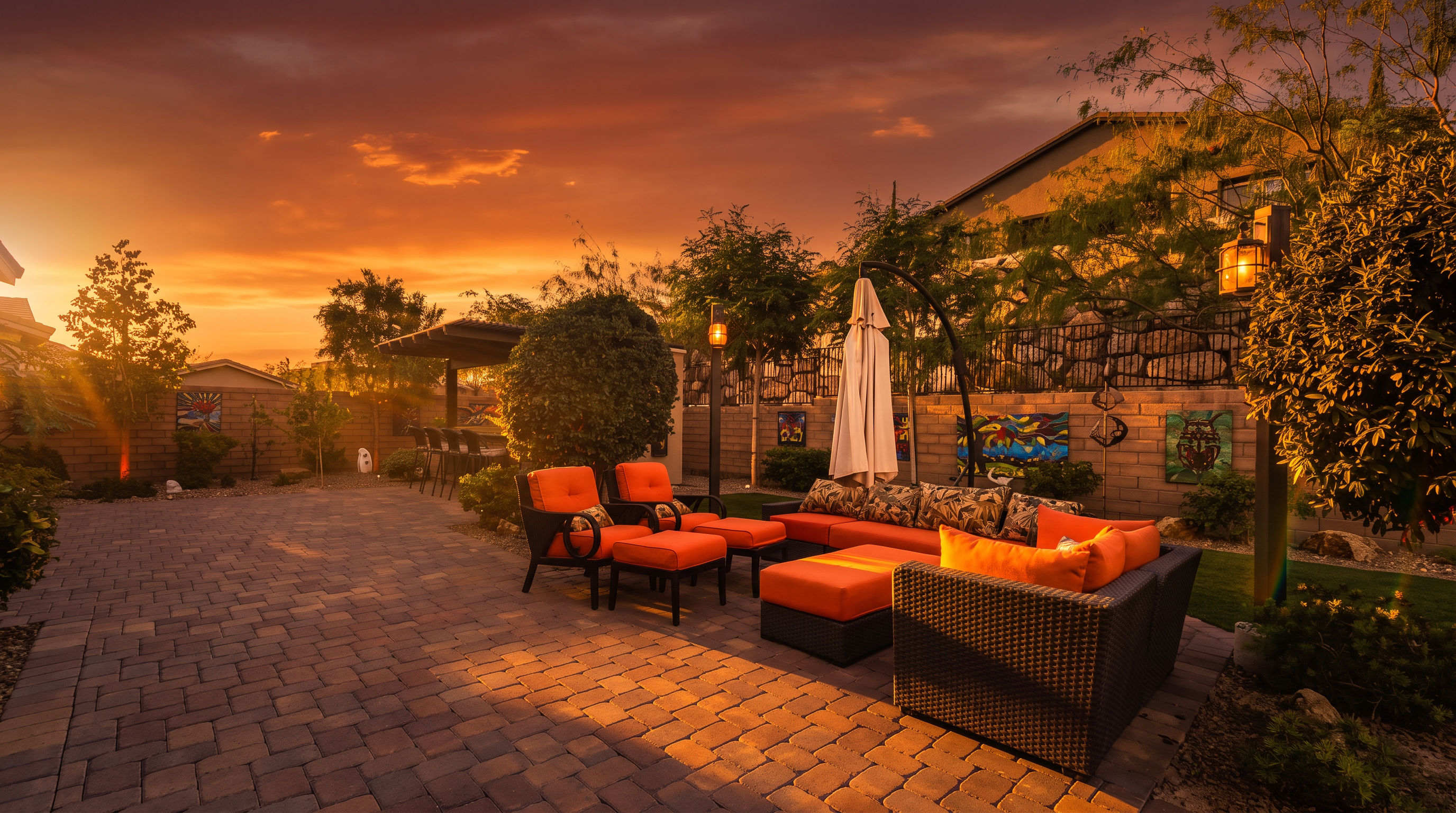 This inviting backyard patio features elegant paver stone flooring, a spacious modular sectional sofa with vibrant orange cushions, and matching lounge chairs, perfect for outdoor living. The space is enhanced by an outdoor bar area under a pergola, decorative wall art, and mature landscaping, all set against a beautiful twilight sky, creating a serene and sophisticated atmosphere.