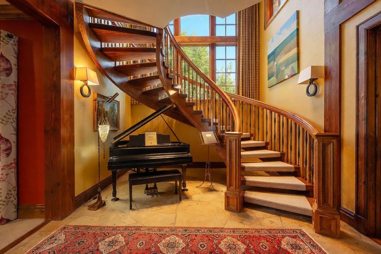 This grand entryway features a striking curved wooden staircase with a carpeted runner and intricate iron balusters. A black grand piano sits elegantly beneath the staircase, complemented by a patterned area rug on the stone floor and warm wall sconces. Large windows behind the stairs flood the space with natural light, creating an inviting and sophisticated atmosphere.