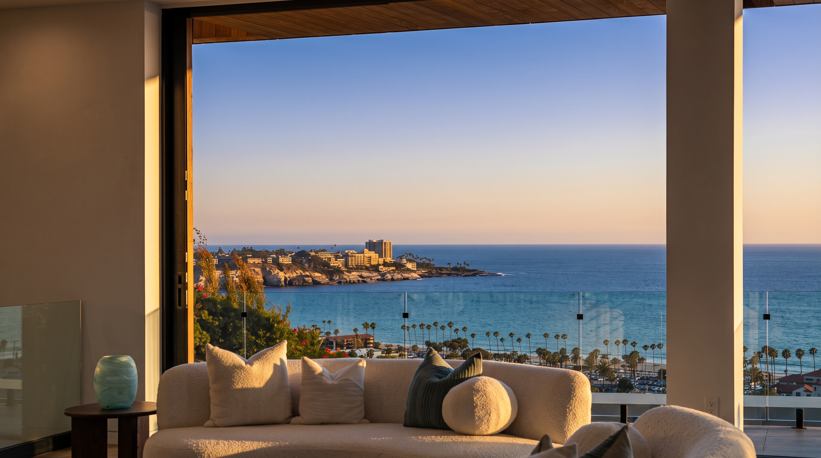 This bright living room features a curved, light-toned sofa positioned to take full advantage of the expansive, floor-to-ceiling glass wall that frames a panoramic ocean view. The minimalist interior design keeps the focus on the coastal scenery, which includes a sandy beach, palm trees, and a distant headland. The perspective is from inside the room looking out, emphasizing the seamless connection between the indoor living space and the natural landscape.