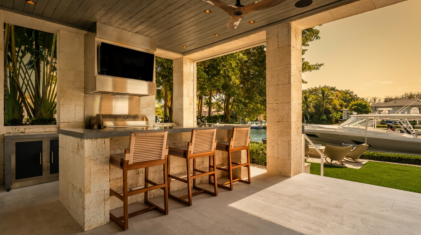 This luxurious outdoor kitchen and lounge area features a stone-clad bar with three wooden stools, a built-in grill, and a mounted television. The space is covered by a wood-paneled ceiling with recessed lighting and a ceiling fan, opening directly onto a grassy lawn overlooking a canal with a docked boat. The perspective is a wide, eye-level shot that emphasizes the seamless transition between the covered patio and the waterfront setting.