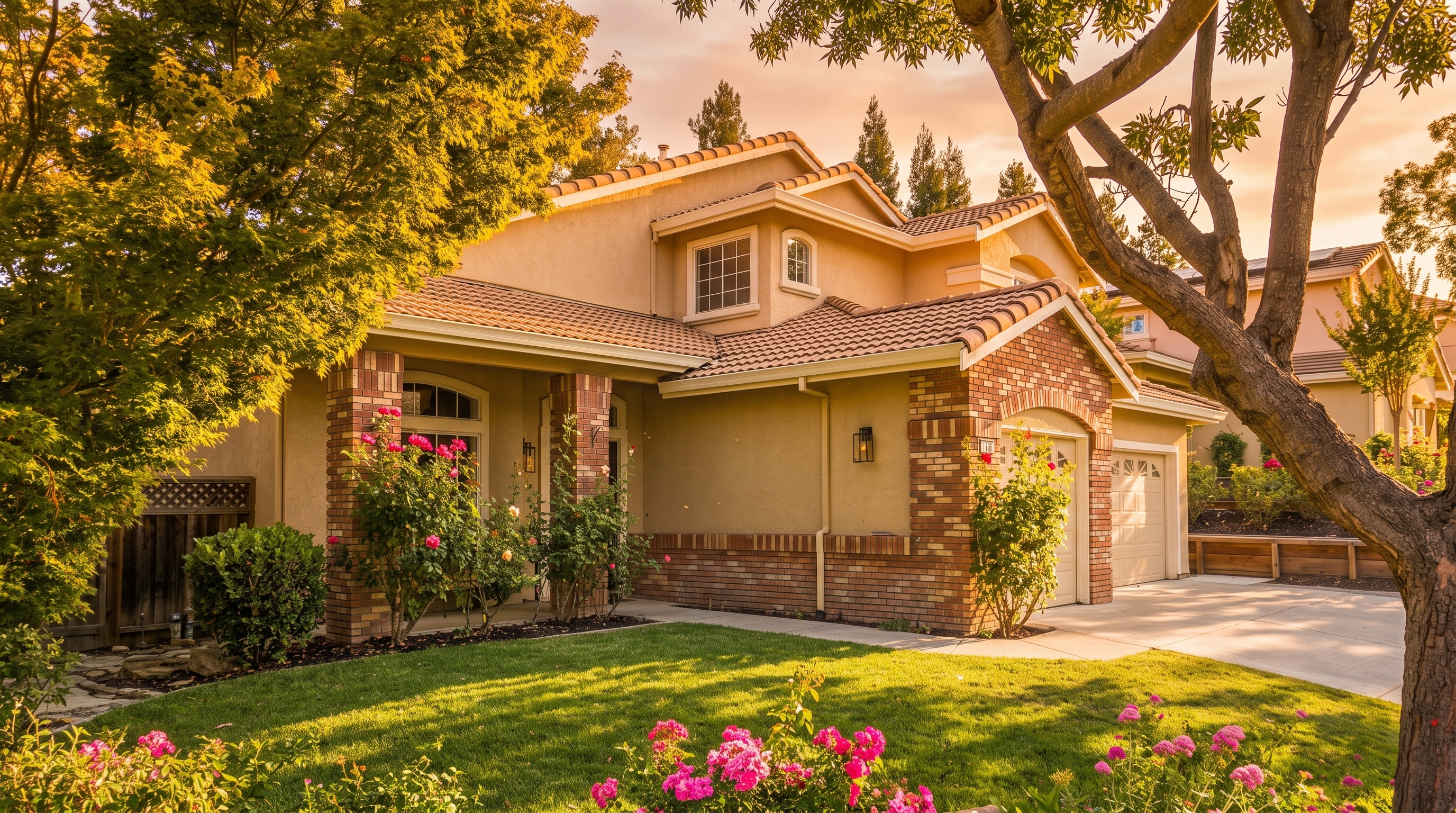 This charming two-story suburban home features a warm, stucco facade accented with brick detailing around the entryway and garage. A well-manicured front lawn is framed by vibrant rose bushes and mature trees, creating an inviting and picturesque curb appeal. The perspective is captured from the street level, highlighting the home's architectural character and its bright, sunny setting.