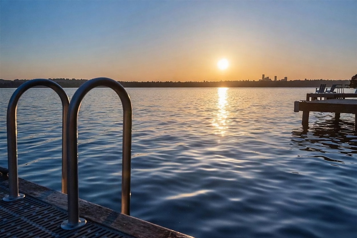This serene waterfront view captures a private dock extending into a calm lake at sunset. The foreground features a metal ladder attached to the wooden dock, leading down into the water, while the distant shoreline showcases a silhouette of a city skyline against the warm, golden light. The perspective is low and immersive, emphasizing the peaceful connection between the property's outdoor amenities and the expansive natural landscape.
