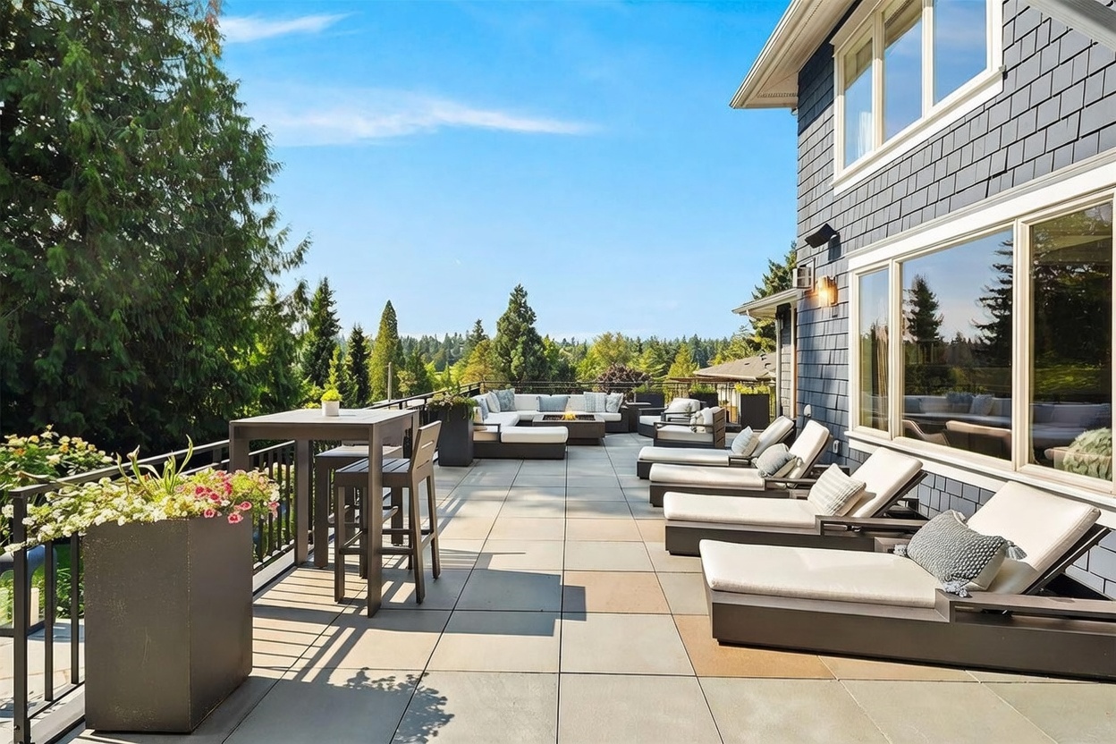 This expansive, elevated stone-tiled deck offers a luxurious outdoor living space with a panoramic view of the surrounding forest. The area is furnished with multiple lounge chairs, a high-top dining set, and a comfortable sectional sofa arranged around a central fire pit. Large windows along the side of the dark-shingled house provide a seamless connection between the indoor and outdoor living areas.