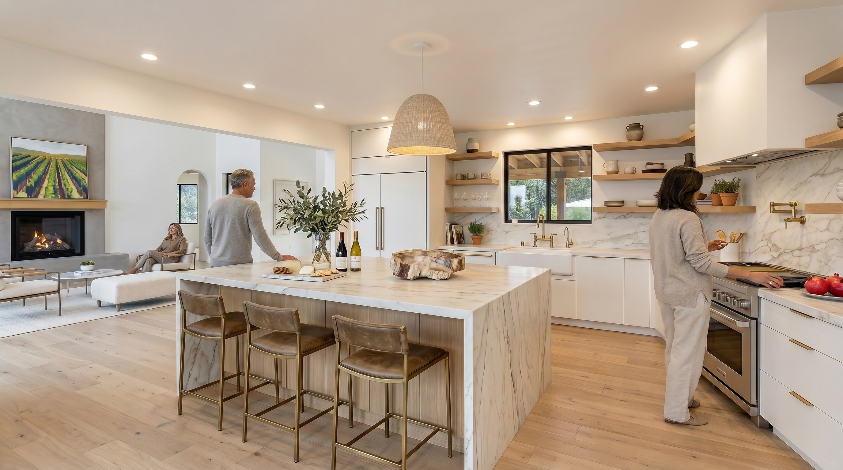 This stunning contemporary kitchen features a large waterfall island with marble countertops and matching leather bar stools, illuminated by a textured pendant light. The space is anchored by a high-end stainless steel range, custom cabinetry, and open shelving, seamlessly blending into the adjacent bright living area with a fireplace. The light wood flooring, cohesive color palette, and premium finishes create a luxurious and inviting atmosphere perfect for modern family living.