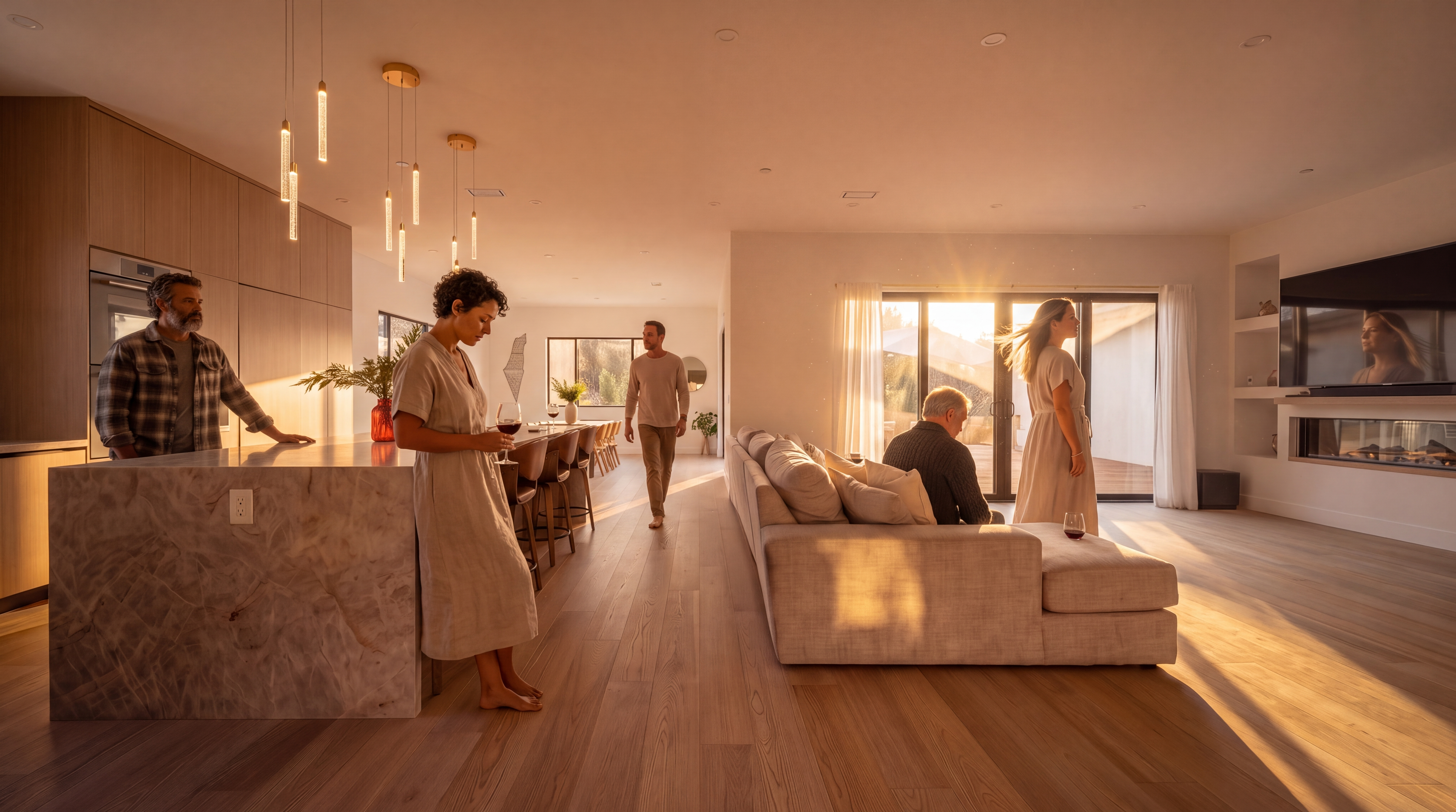 This open-concept living space features a large kitchen island with a stone waterfall edge and bar seating, seamlessly flowing into a spacious living area. The room is anchored by a linear fireplace set into a wall with a large television above, while light wood flooring extends throughout the entire area. Large glass doors provide a view of the outdoor patio, creating a bright and airy atmosphere with a modern, minimalist aesthetic.