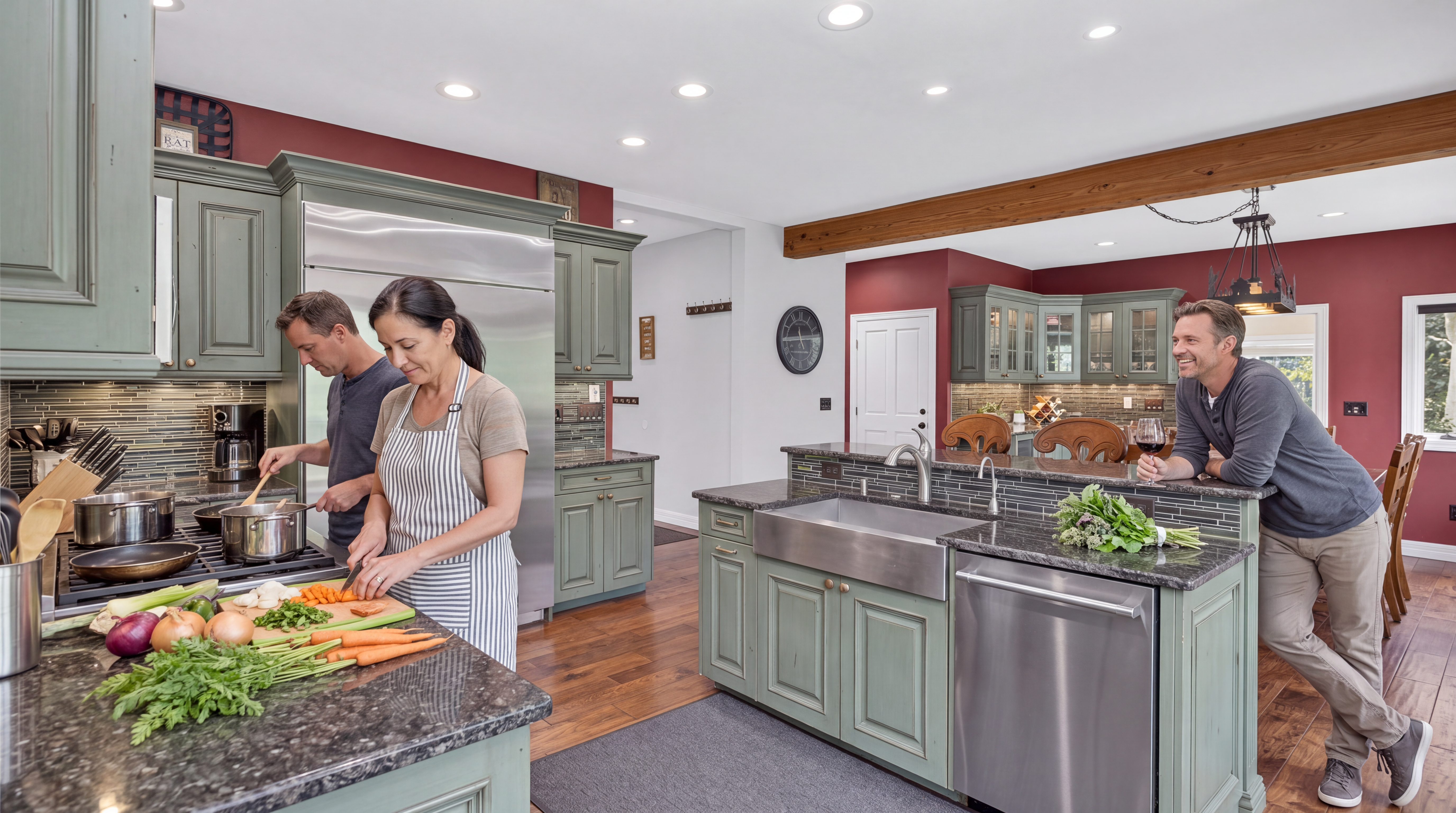 This spacious, open-concept kitchen features sage green cabinetry, dark granite countertops, and high-end stainless steel appliances, including a farmhouse sink. A large central island provides ample workspace, while warm wood ceiling beams and rich hardwood flooring create a cozy, inviting atmosphere. The space is well-lit with recessed lighting and a decorative chandelier, making it ideal for both cooking and social entertaining.