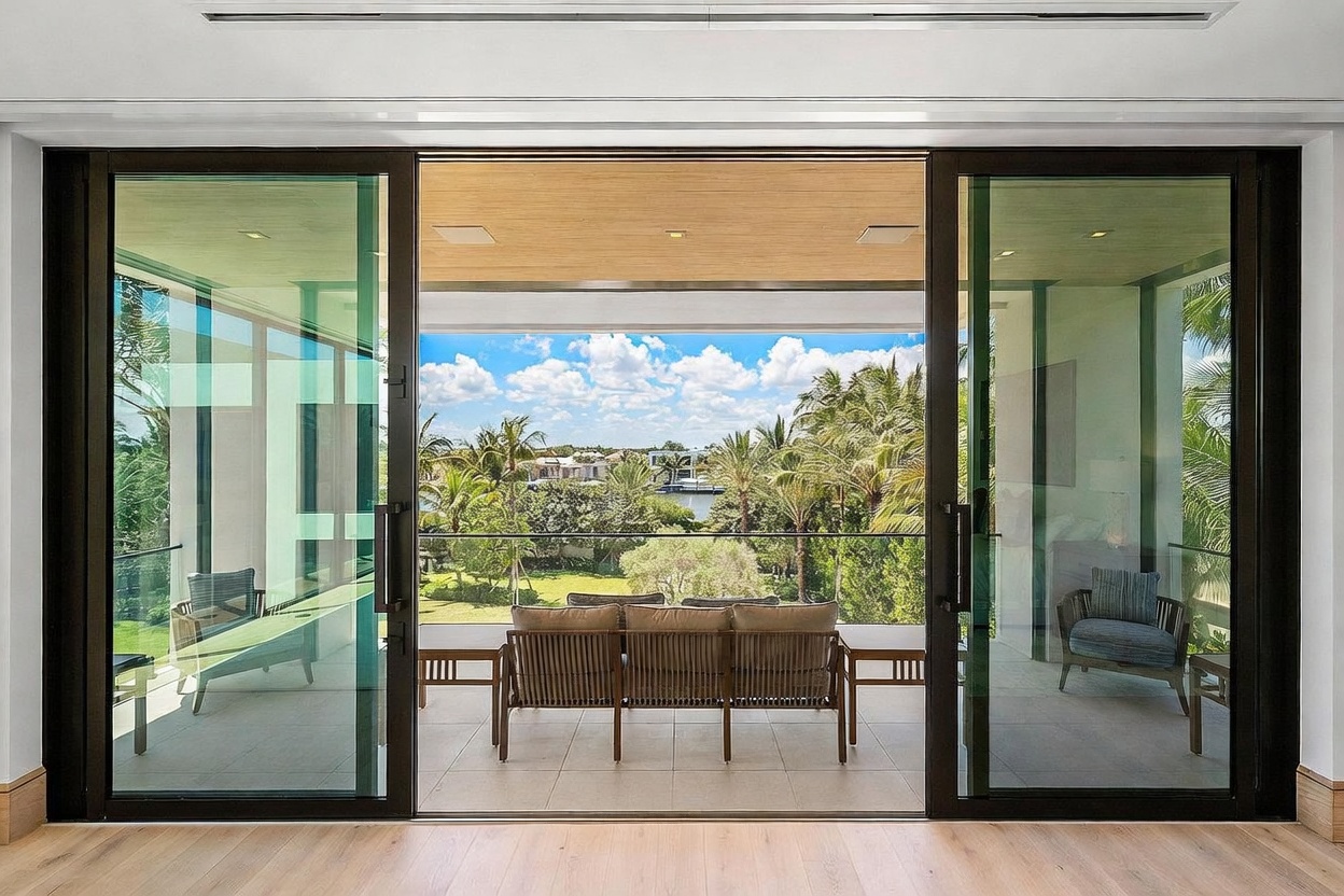 This view from an interior living space looks out through expansive, floor-to-ceiling sliding glass doors onto a covered balcony. The balcony is furnished with a modern outdoor sofa set, providing a seamless transition to the lush, tropical landscape and water view beyond. The interior features light wood flooring, creating a bright and airy atmosphere that emphasizes the connection between indoor and outdoor living.