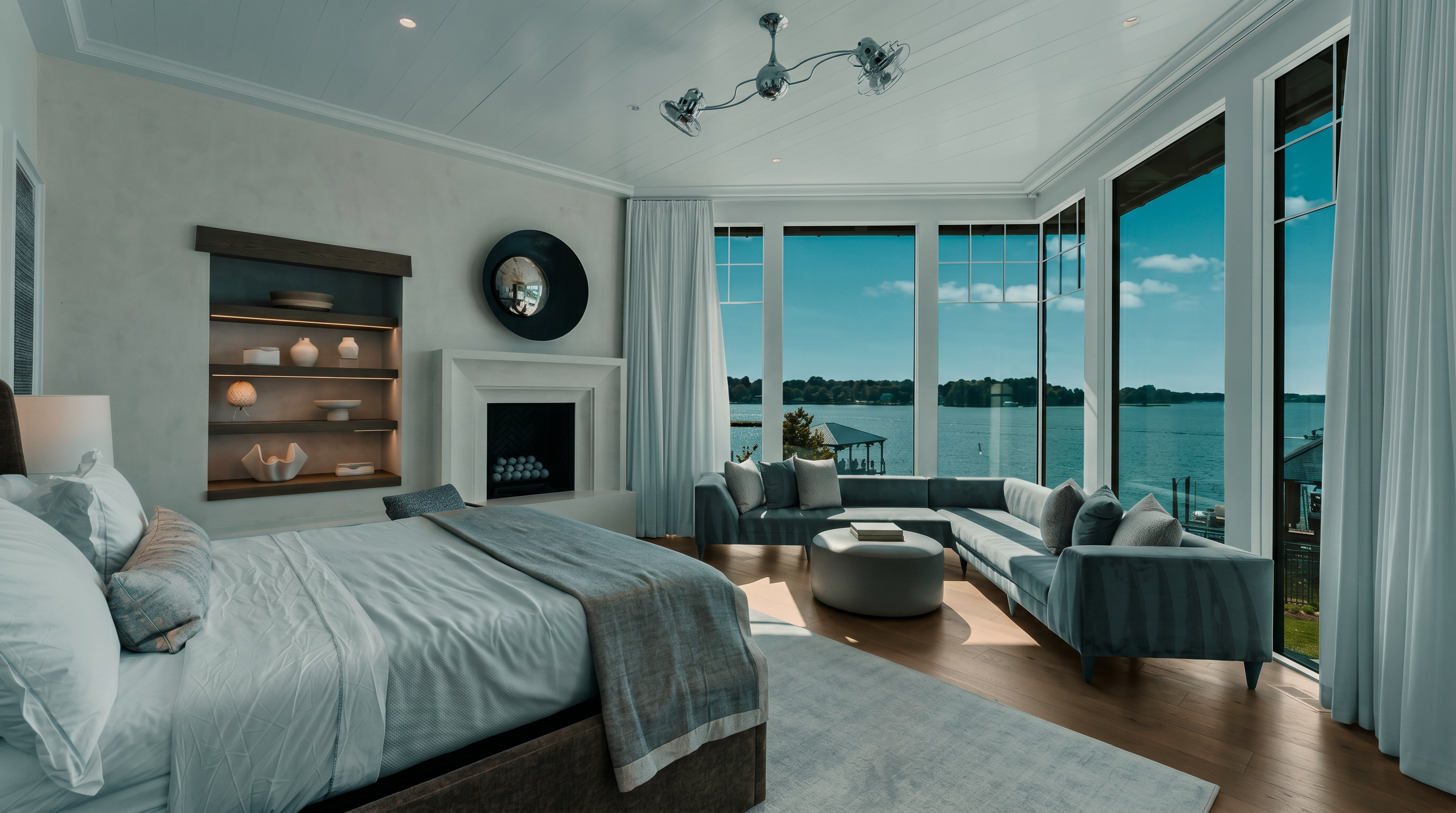 This spacious primary bedroom features a neutral color palette and a contemporary design, anchored by a large bed with a plush headboard. A seating area with a grey sectional sofa is positioned near expansive windows that offer panoramic views of the lake. The room includes a minimalist fireplace with a tall surround and built-in shelving, creating a sophisticated and serene atmosphere.