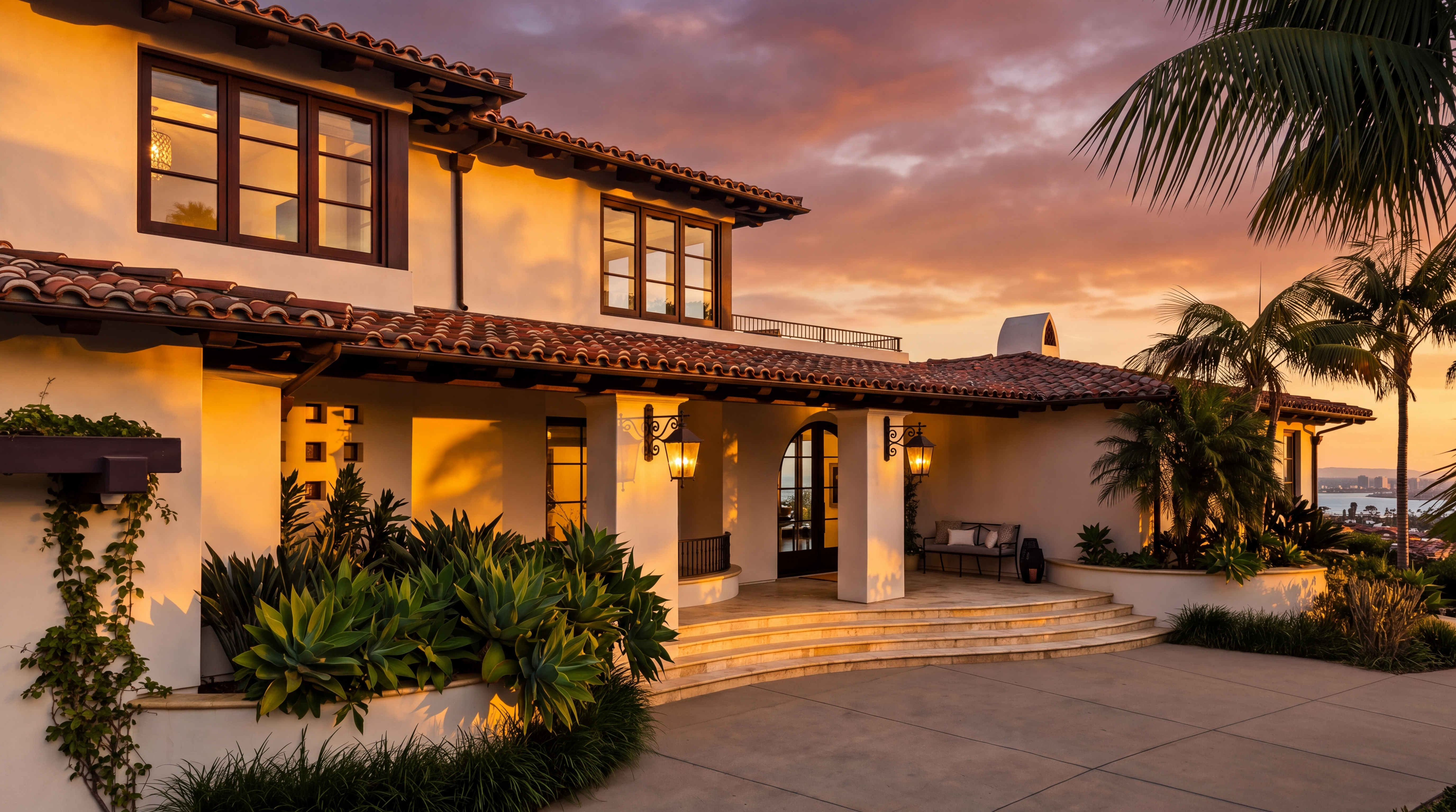 This elegant Mediterranean-style estate features warm stucco walls, classic terracotta roof tiles, and an inviting arched entryway illuminated by decorative lanterns. The property is set against a dramatic sunset sky, complemented by lush, tiered landscaping and a spacious paved courtyard. Its architectural design offers a luxurious and serene curb appeal that captures the essence of refined coastal living.