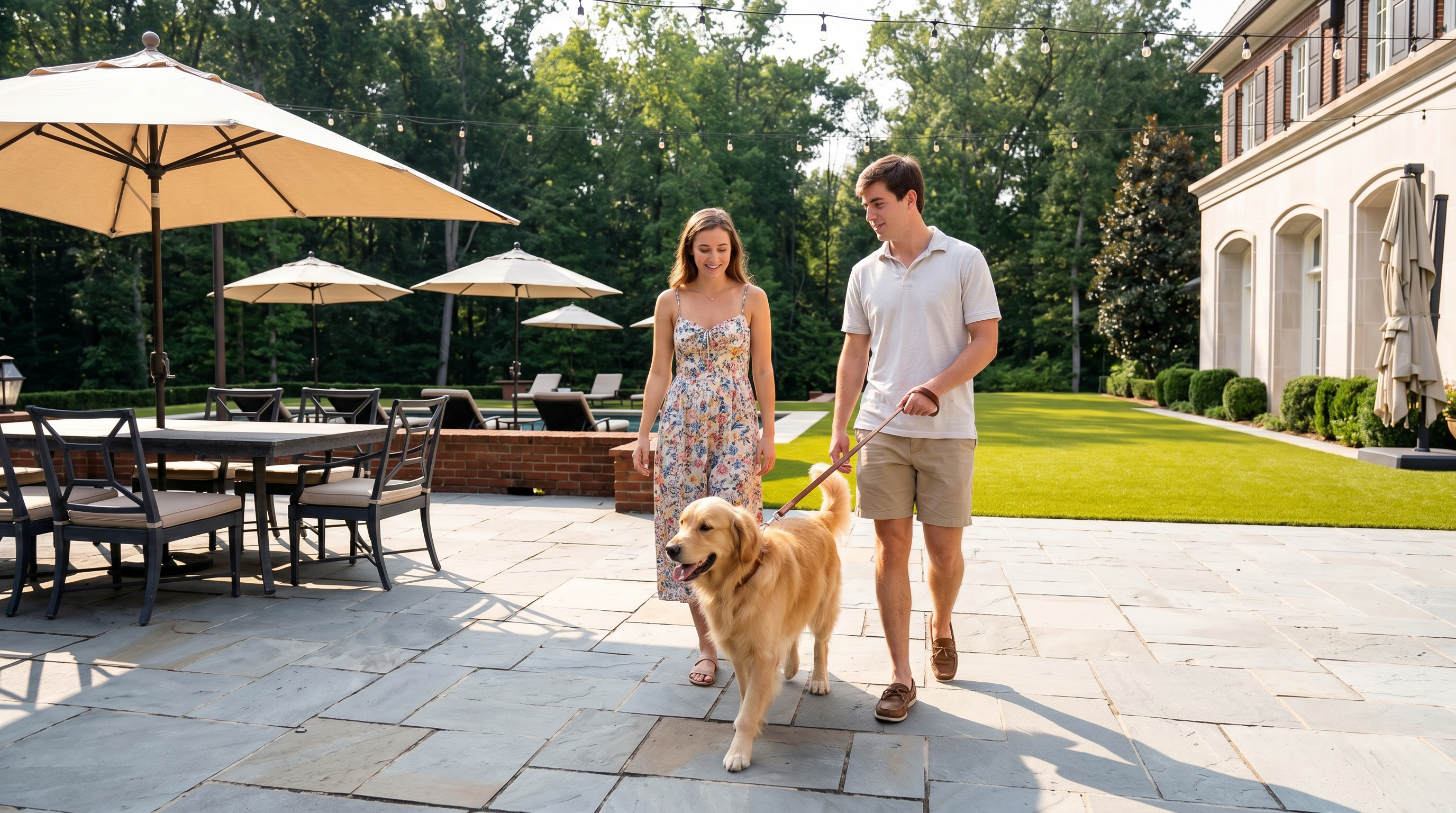 This expansive stone-paved patio offers a luxurious outdoor living space, featuring a large dining area under a beige umbrella and a manicured lawn leading to a swimming pool. The scene is framed by a stately brick and stone residence on the right, with string lights overhead creating an inviting atmosphere. The lush, mature forest in the background provides a private and serene backdrop for this high-end backyard retreat.