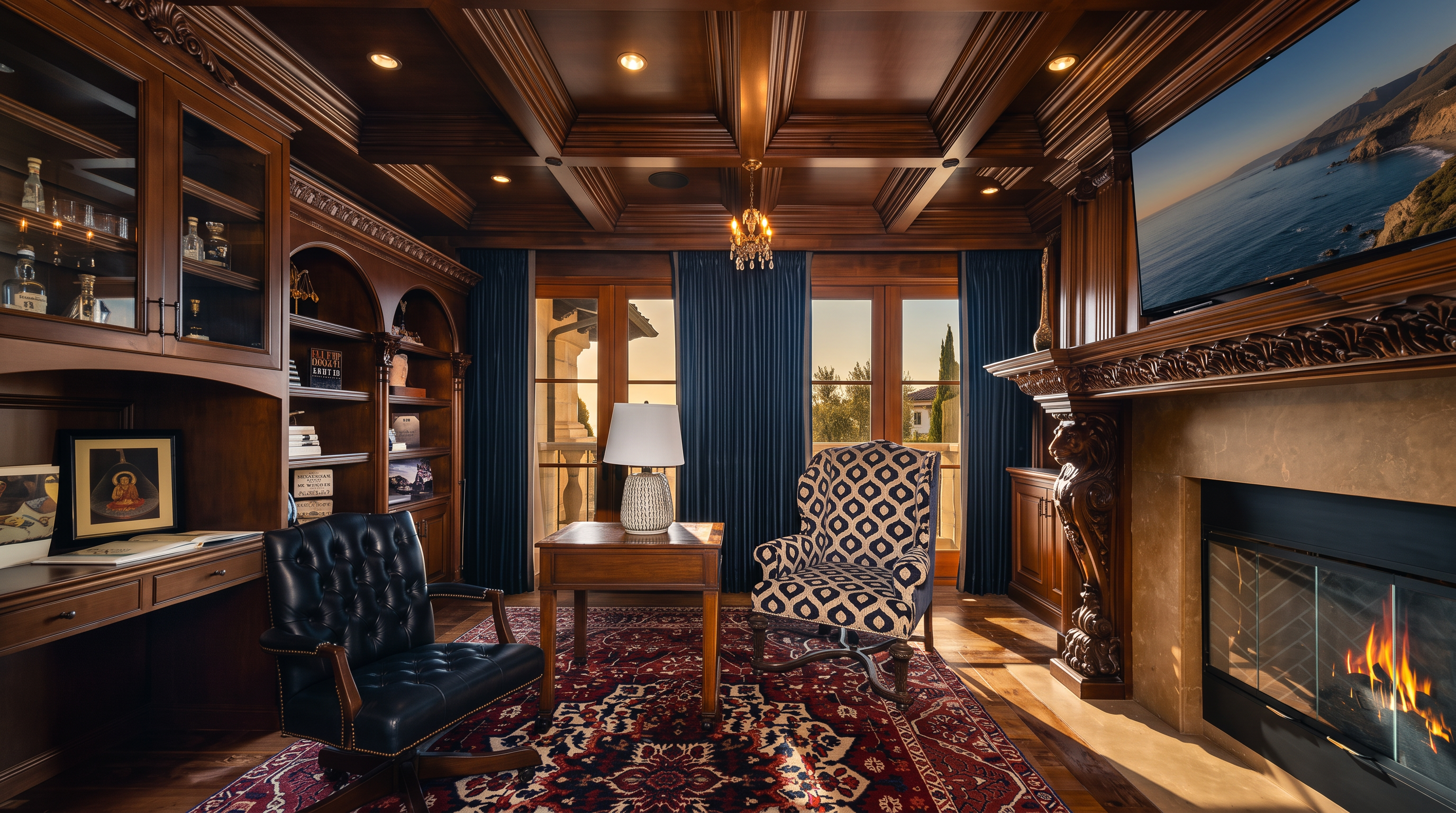 This sophisticated home office features rich, dark wood paneling and a coffered ceiling that creates a warm, traditional atmosphere. A large, leather-topped desk sits at the center of the room, complemented by a patterned armchair and a detailed area rug. The space is anchored by a fireplace with a decorative mantel and a television mounted above, while large windows with dark curtains provide natural light and a view of the outdoors.