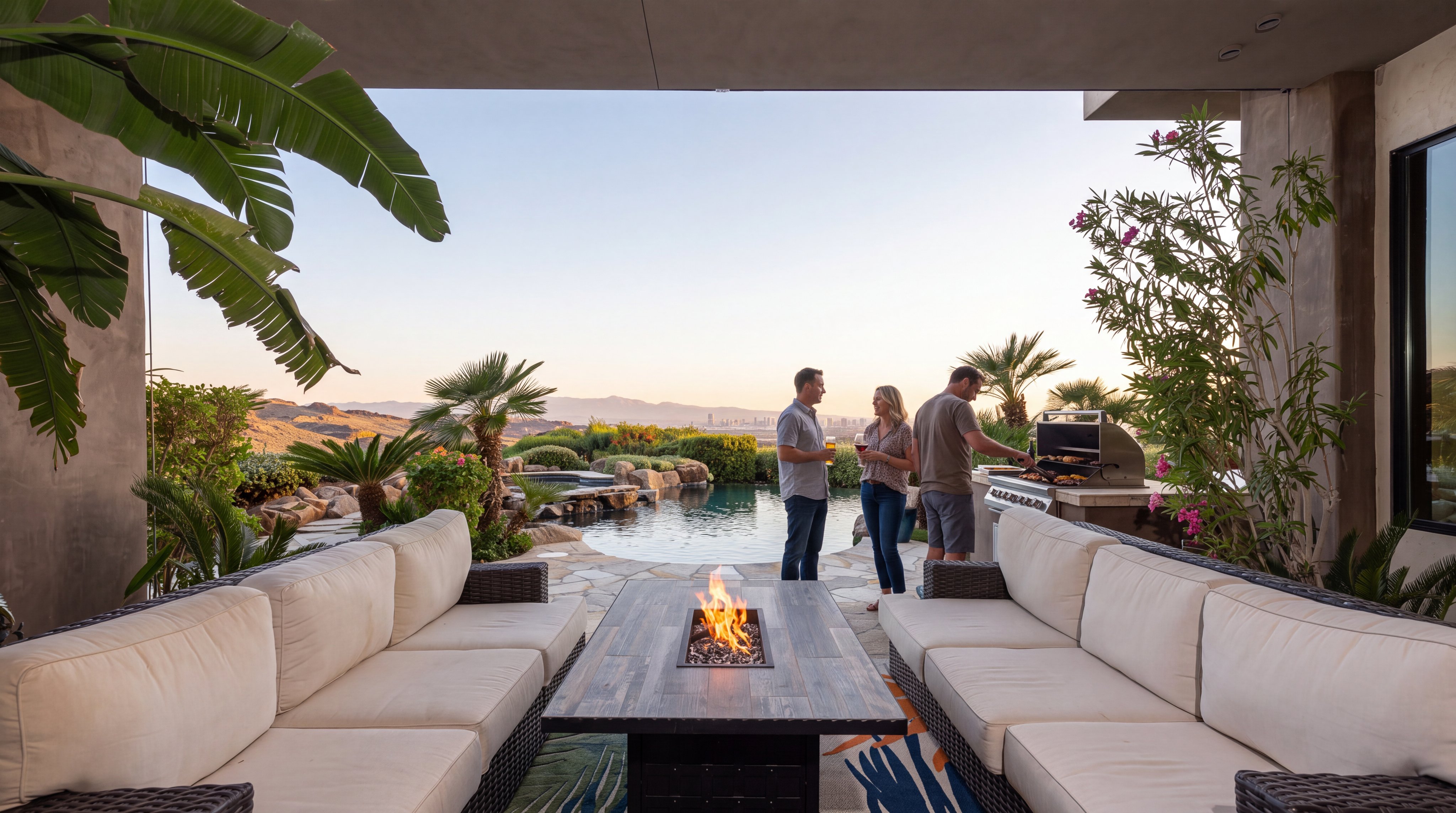 This sophisticated outdoor living space features a modern covered patio with a cozy fire pit table and comfortable plush seating. The area seamlessly connects to a serene pool deck, offering breathtaking panoramic desert and city views, making it an ideal setting for outdoor entertaining and relaxation.