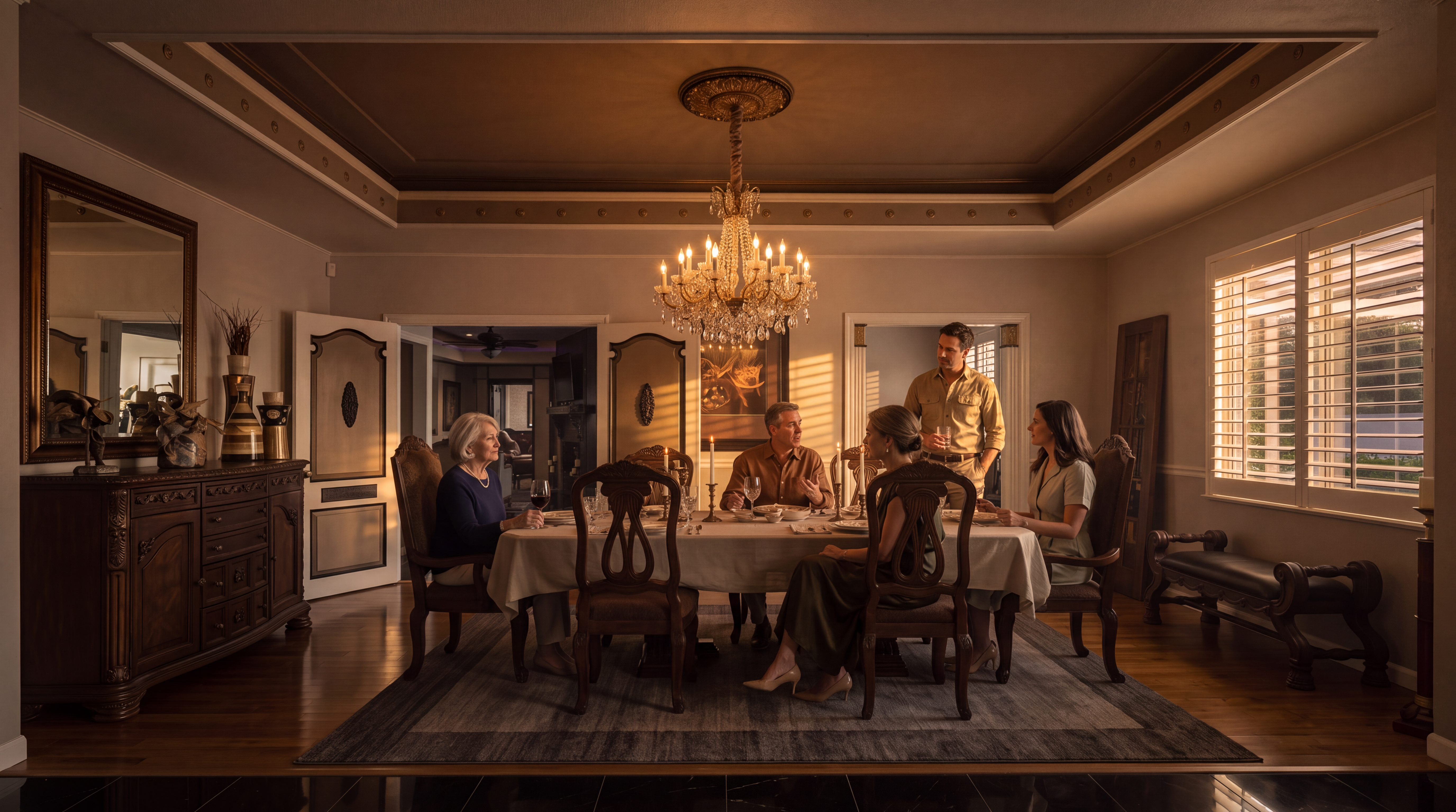 This formal dining room features a large wooden table surrounded by ornate chairs, set beneath a prominent crystal chandelier. The room is defined by a tray ceiling with decorative trim, light-colored walls, and a large area rug over hardwood flooring. A view through the open doorway reveals a glimpse into an adjacent living space with dark flooring and a fireplace, creating a sense of depth and flow throughout the home.