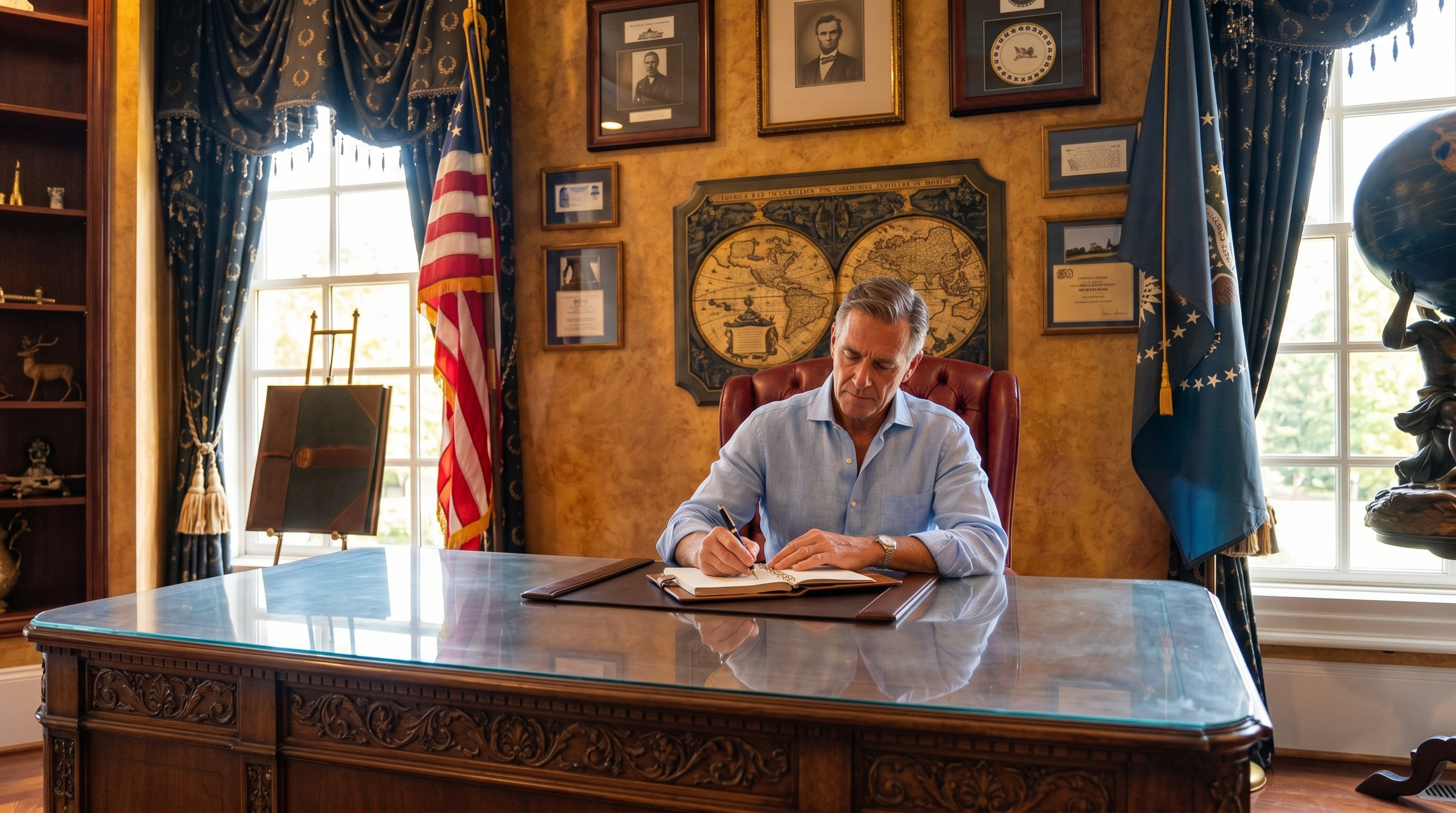 This stately home office features a replica of the Resolute Desk as its centerpiece, set against a backdrop of warm, textured walls and rich wood flooring. The room is adorned with patriotic decor, including flags and a large globe sculpture, while built-in shelving units provide ample display space. A wide doorway leads into an adjacent room, enhancing the sense of depth and grandeur in this traditional, executive-style workspace.