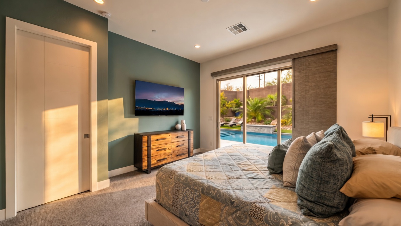 This primary bedroom features a striking teal accent wall behind a large bed with a patterned quilt and plush pillows. A wooden dresser sits beneath a wall-mounted television, while a sliding glass door provides a clear view of the backyard pool and patio area. The room is carpeted and connects to an adjacent hallway, creating an open and airy atmosphere with plenty of natural light.