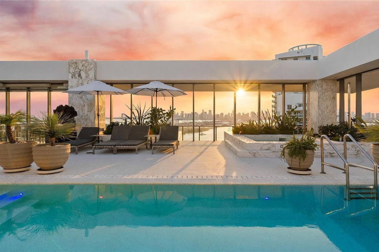 This luxurious rooftop terrace features a pristine swimming pool in the foreground and a built-in spa area to the right. The space is furnished with lounge chairs under umbrellas, set against a backdrop of expansive glass walls that offer a panoramic view of the city skyline at sunset. The overall aesthetic is sophisticated and modern, emphasizing high-end outdoor living with a dramatic golden-hour atmosphere.