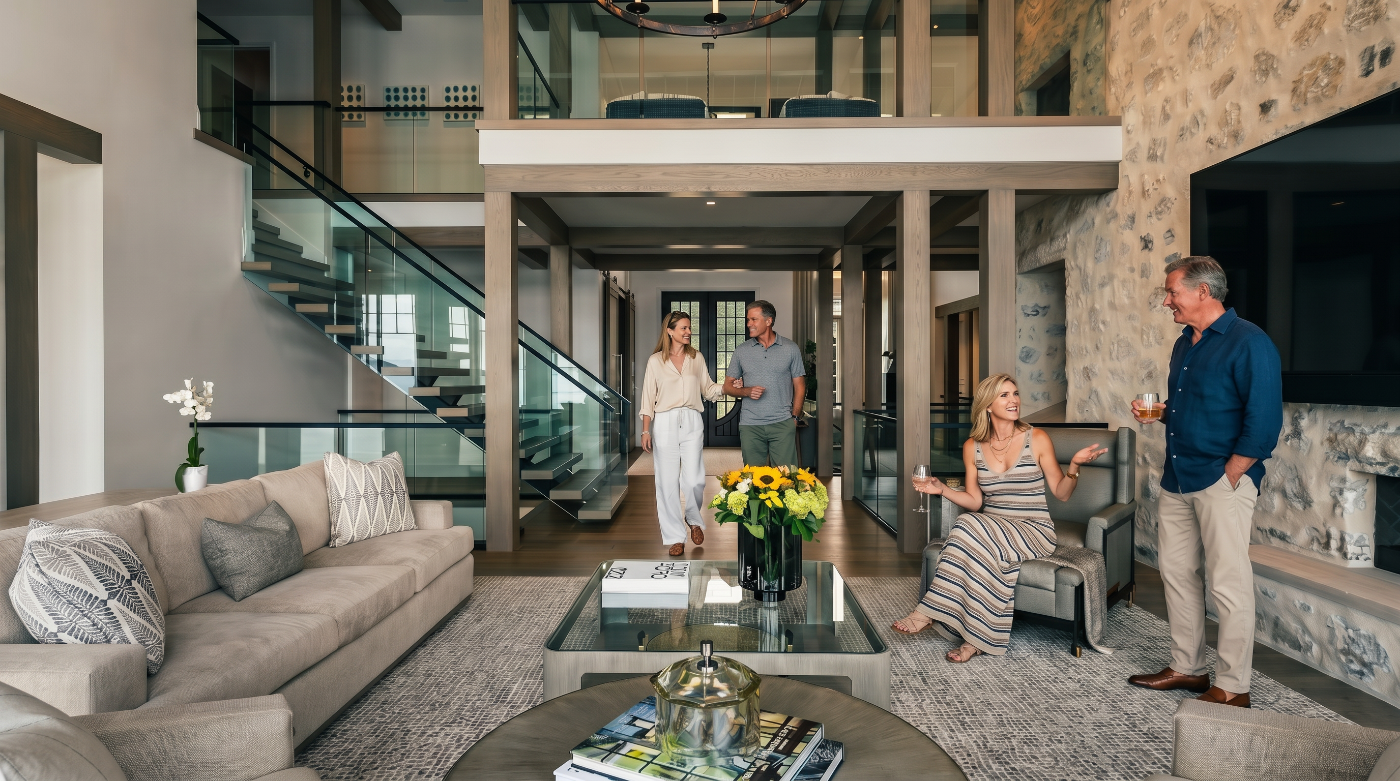 This expansive, open-concept living room features a dramatic double-height ceiling with exposed light wood beams and a large, circular chandelier. A prominent stone-clad chimney breast serves as a focal point, housing a television above a stone hearth, while a glass-railed staircase and a mezzanine level add architectural depth. The space is furnished with a neutral-toned sofa, a glass-topped coffee table, and a comfortable armchair, all set upon a textured area rug.