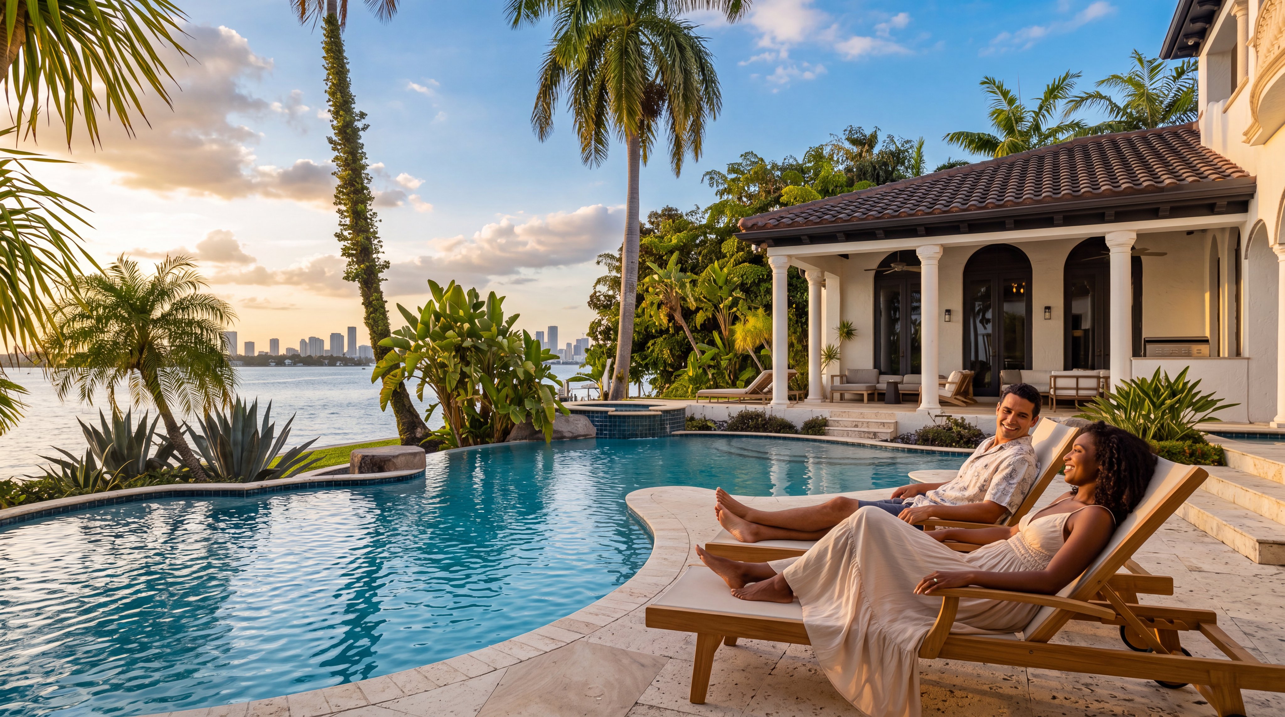 This luxurious waterfront property features a sparkling custom swimming pool and spa, perfectly positioned to capture breathtaking sunset views of the distant city skyline. The expansive travertine pool deck offers a tranquil space for relaxation, complemented by lush tropical landscaping, palm trees, and elegant shaded outdoor seating under a covered arcade. The home's refined Mediterranean-inspired architecture and serene setting create an idyllic, high-end resort atmosphere.