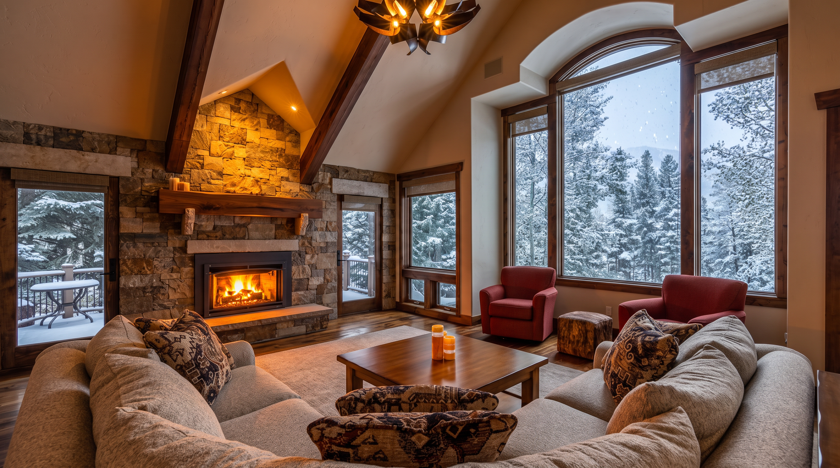 This cozy and inviting living room features a grand stone fireplace with a thick wood mantel, serving as a striking focal point under vaulted ceilings with exposed wood beams. The room is anchored by comfortable plush seating, a warm wooden coffee table, and large windows that offer expansive, serene views of a snow-covered forest. The rustic lodge-style decor, combined with the natural light and warm fireplace glow, creates a luxurious and comfortable atmosphere perfect for a mountain retreat.
