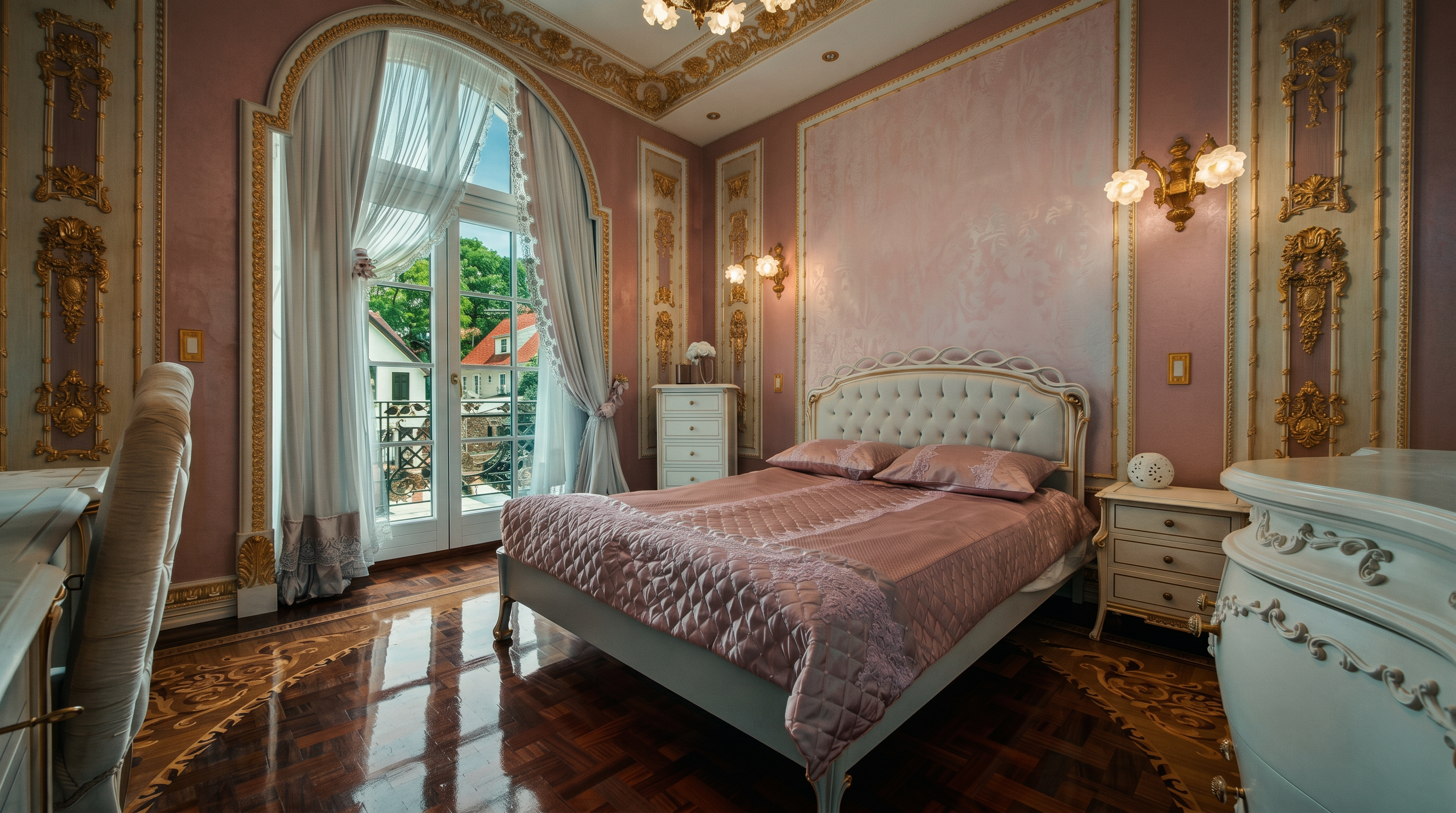 This opulent primary bedroom features a sophisticated neoclassical design with soft pink walls, intricate gold-leaf molding, and a grand crystal chandelier. The room is anchored by a plush, tufted white bed frame and complemented by polished parquet flooring, while a large arched window with elegant drapery provides a bright, airy view of the outdoors. The overall aesthetic is one of refined luxury and classic elegance.