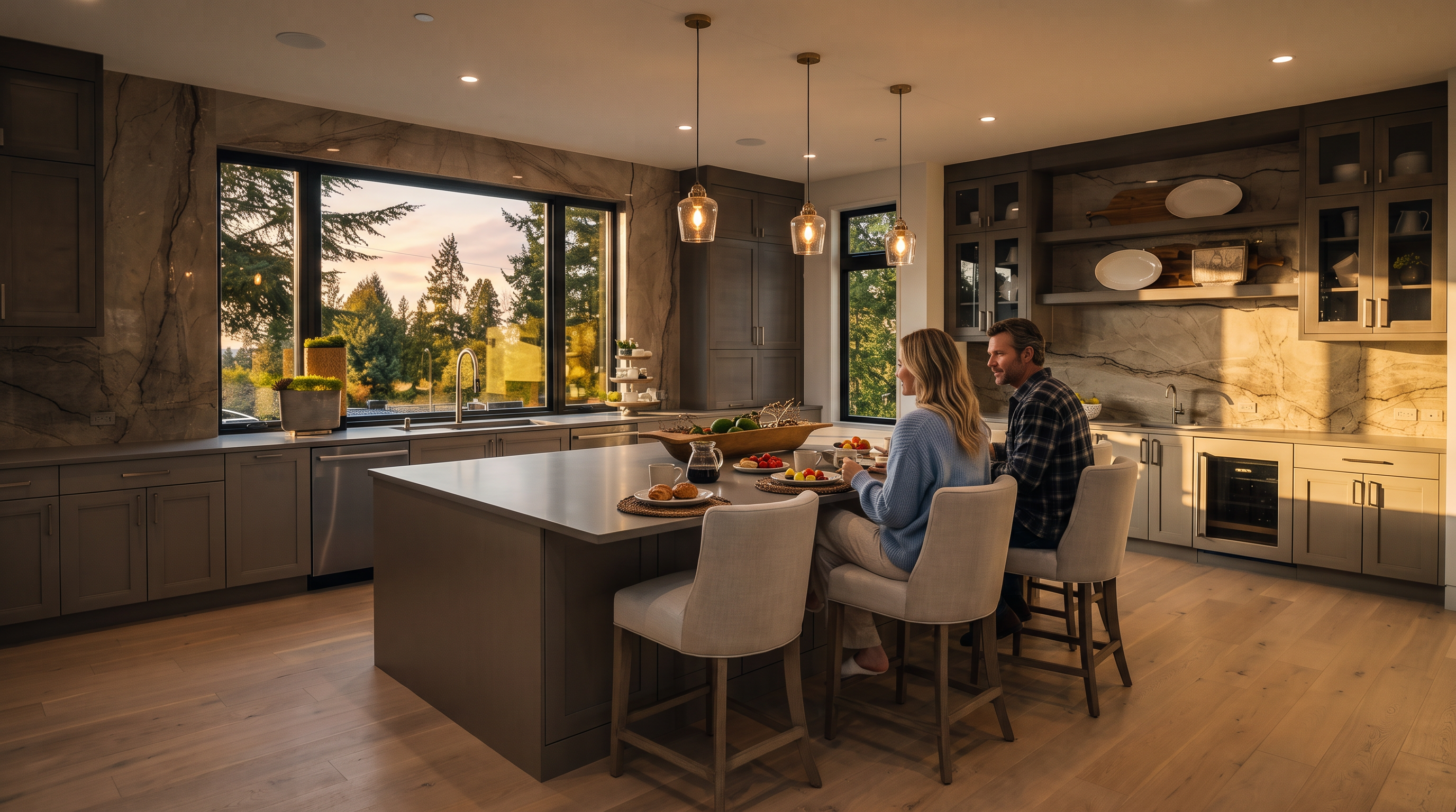 This sophisticated, modern kitchen features a large central island with seating for five, topped with a neutral-toned surface and accented by a decorative wooden bowl. The space is defined by dark cabinetry, a striking stone backsplash that extends across the wall, and light wood flooring that adds warmth to the room. Large windows above the sink provide an expansive view of the outdoors, while recessed lighting creates a bright and inviting atmosphere.