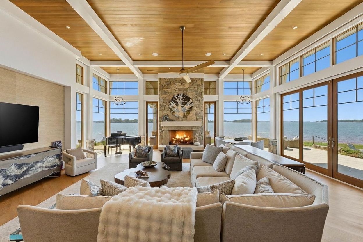 This expansive living room features a high, coffered wood-paneled ceiling and a prominent stone-clad chimney breast centered between large windows that offer panoramic water views. The space is furnished with a large, neutral-toned sectional sofa, a unique organic-shaped coffee table, and a grand piano positioned near the glass. The room exudes a luxurious, airy atmosphere, seamlessly blending indoor comfort with the natural beauty of the waterfront setting.