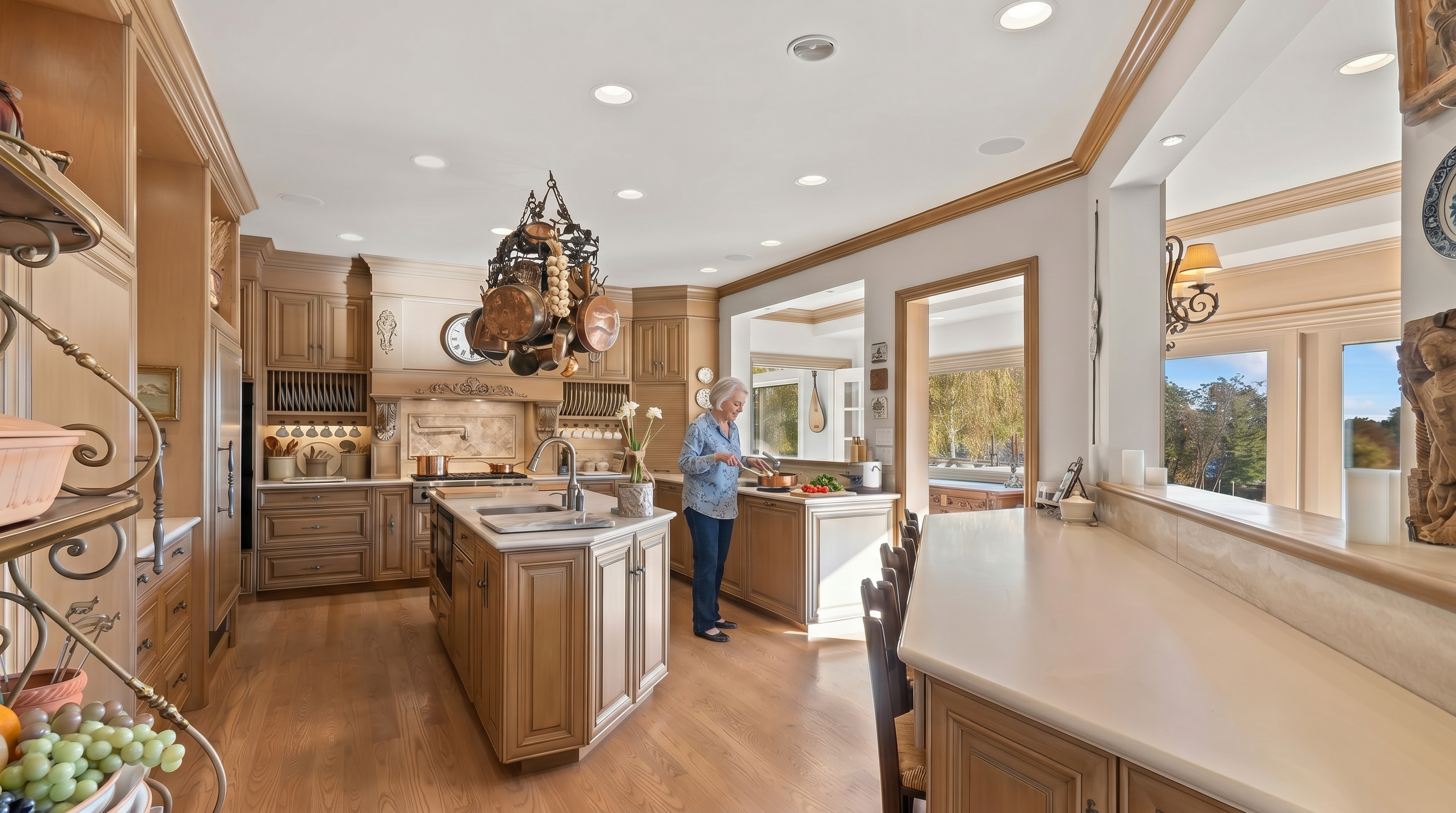 This spacious, traditional-style kitchen features warm-toned wood cabinetry, a central island with a sink, and a long breakfast bar with seating. A decorative pot rack hangs above the island, while large windows provide ample natural light and views of the outdoors. The room is finished with light-colored countertops and recessed lighting, creating a bright and inviting culinary space.