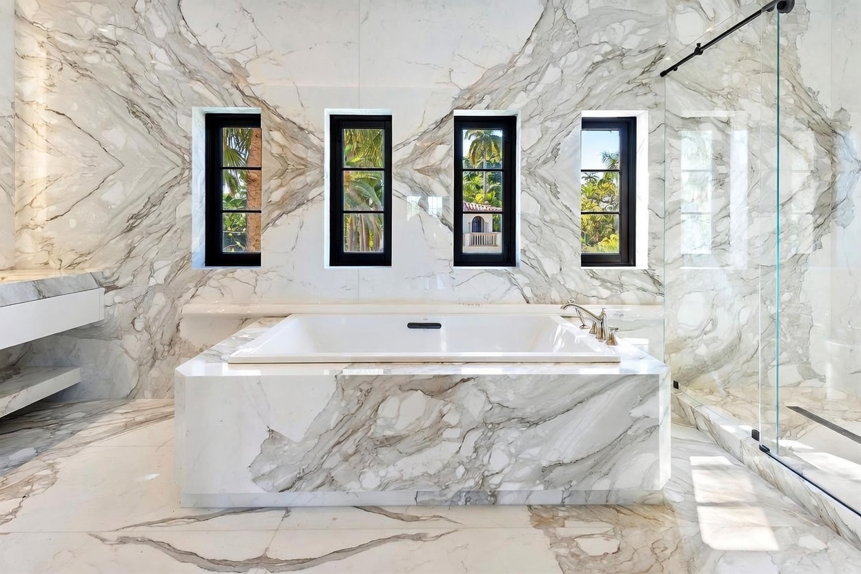 This luxurious primary bathroom features a prominent soaking tub encased in a striking, veined stone surround that matches the wall cladding and flooring. Four tall, narrow windows with black frames are centered above the tub, providing natural light and views of the outdoors. To the right, a glass-enclosed shower area completes the high-end, spa-like aesthetic of the space.