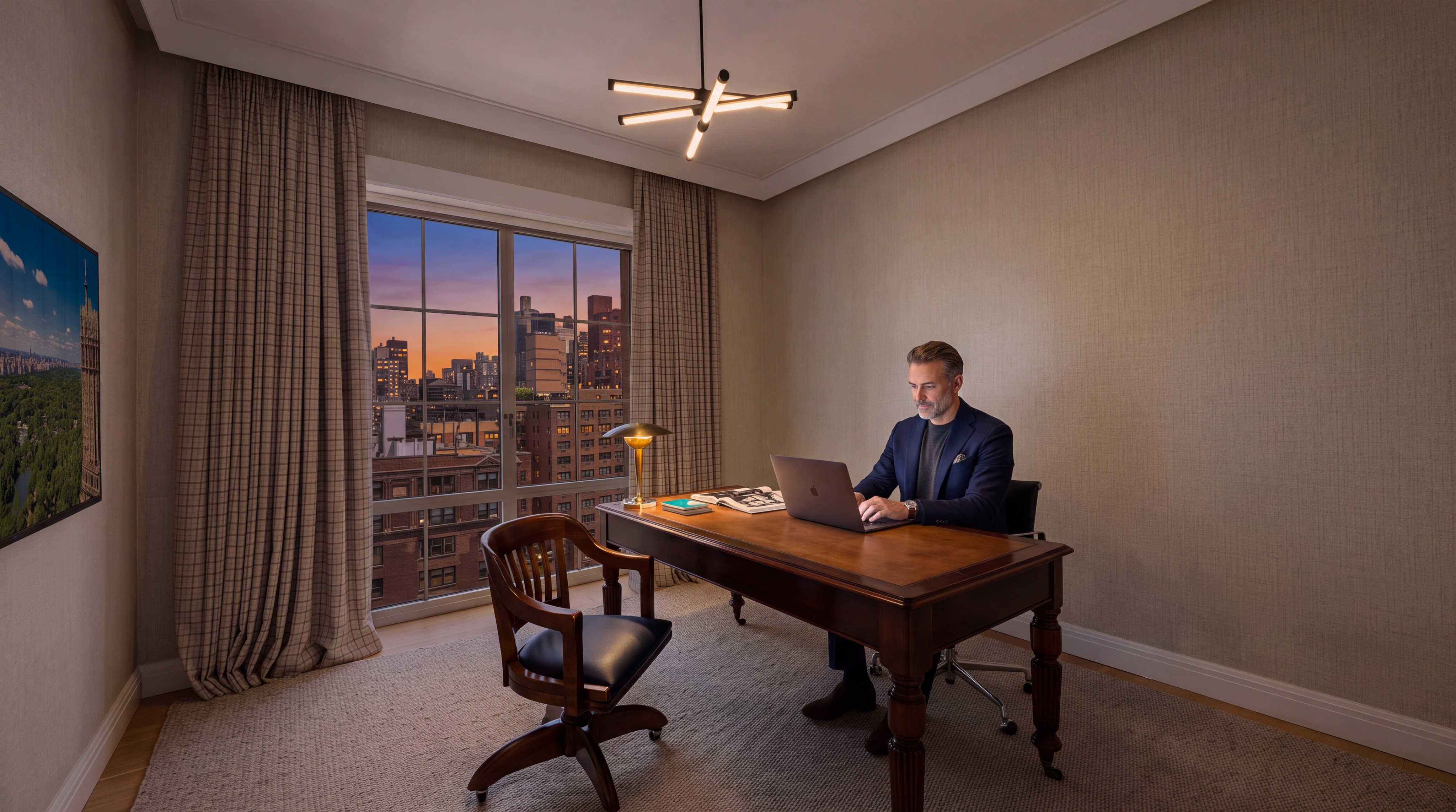 This sophisticated home office features a classic wooden desk and an ergonomic rolling chair, perfect for professional work. The room is enhanced by a sleek modern chandelier and a large window providing a stunning sunset view of the city skyline. The neutral wall palette and carpeted flooring create a polished, tranquil environment suitable for high-end residential living.