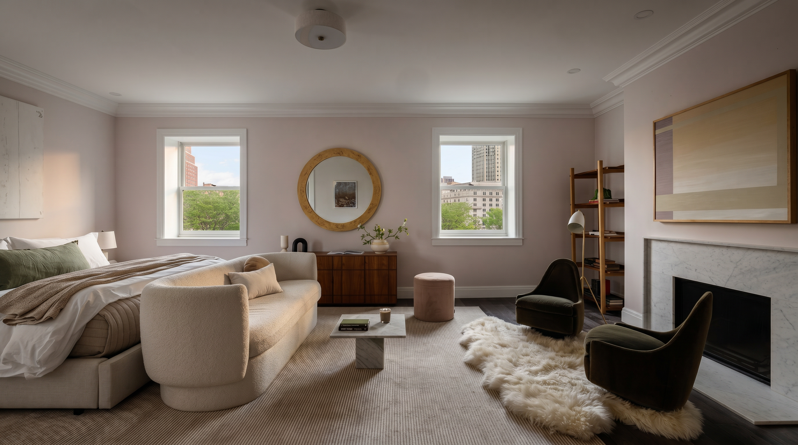 This sophisticated primary bedroom features a neutral color palette, a plush curved sofa at the foot of the bed, and two elegant olive-green armchairs arranged by a marble fireplace. Large windows flood the space with natural light, highlighting the textured rug and modern decor, creating a serene and luxurious atmosphere. The room is thoughtfully designed with a mix of contemporary furniture and classic architectural details, offering a perfect blend of comfort and style.