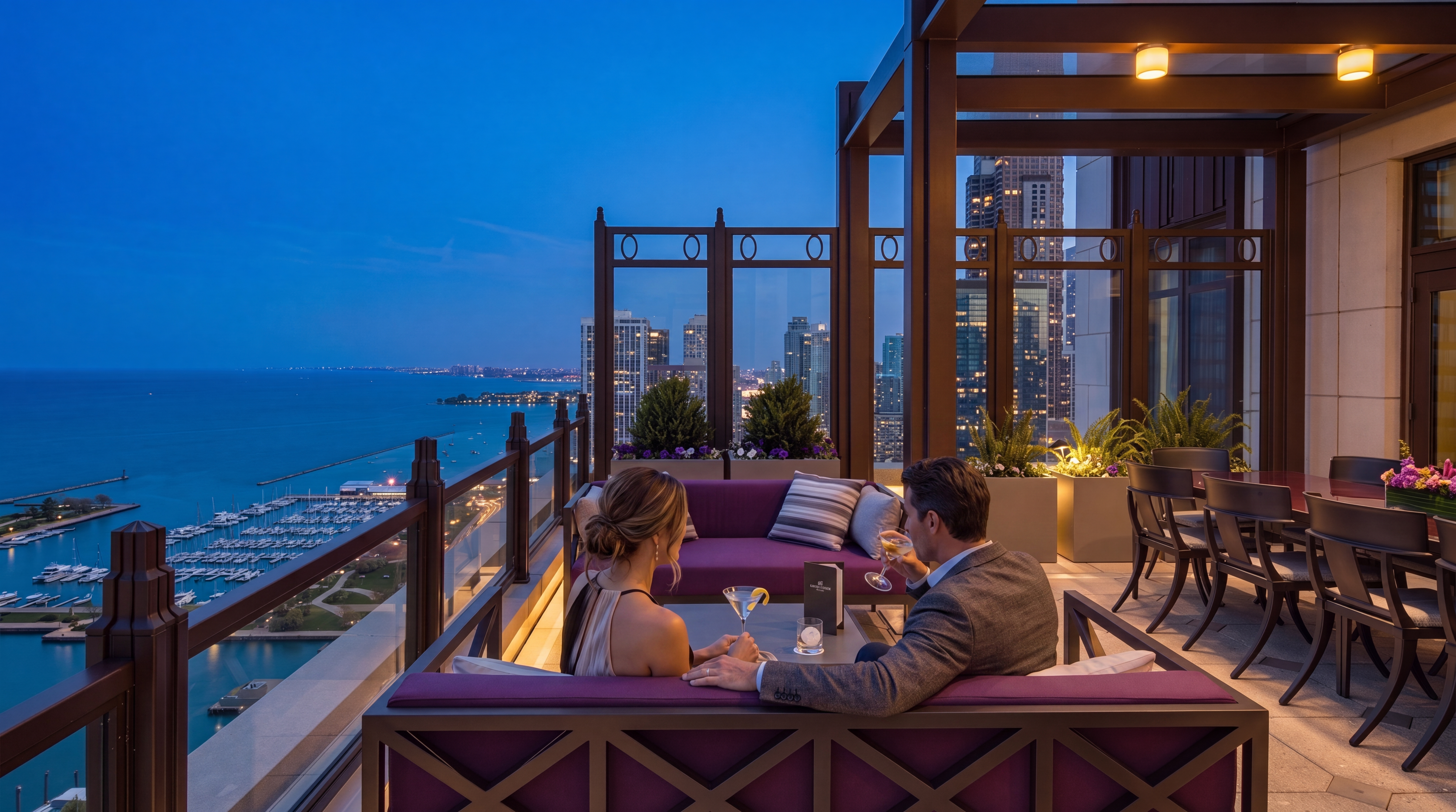 This high-rise terrace offers a sophisticated outdoor living space with a panoramic view of the city skyline and waterfront. The area is furnished with plush purple-cushioned seating and a dining set, all sheltered by a modern, dark-toned pergola structure. The perspective captures the seamless blend of luxury urban living and expansive natural vistas, creating an inviting atmosphere for entertaining.