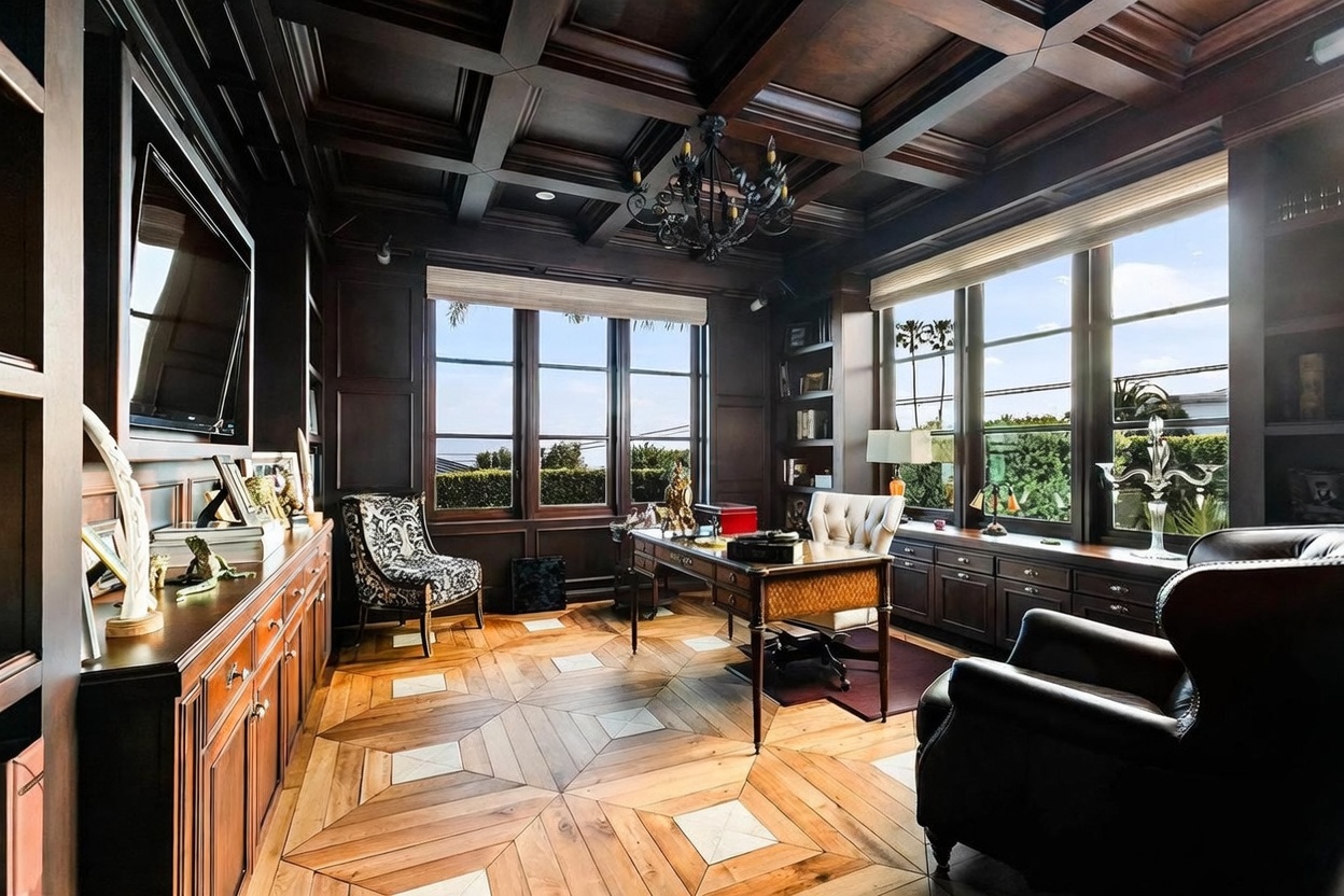 This sophisticated home office features dark wood paneling, a coffered ceiling, and intricate geometric wood flooring with light-toned inlays. The room is furnished with a classic desk, a tufted leather chair, and a patterned accent chair, all bathed in natural light from large windows overlooking the exterior. A dark chandelier hangs centrally, adding to the refined, traditional atmosphere of the workspace.