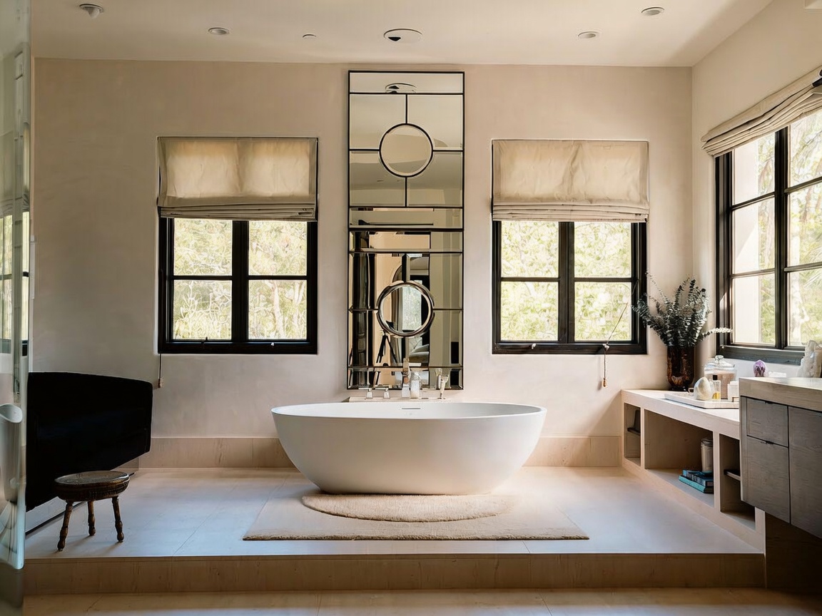 This luxurious primary bathroom features a central, freestanding oval soaking tub positioned on a raised platform. A striking, multi-paneled geometric mirror serves as a focal point between two large windows dressed in neutral Roman shades. The space is finished with light-toned walls and a built-in vanity area, creating a serene and sophisticated atmosphere.