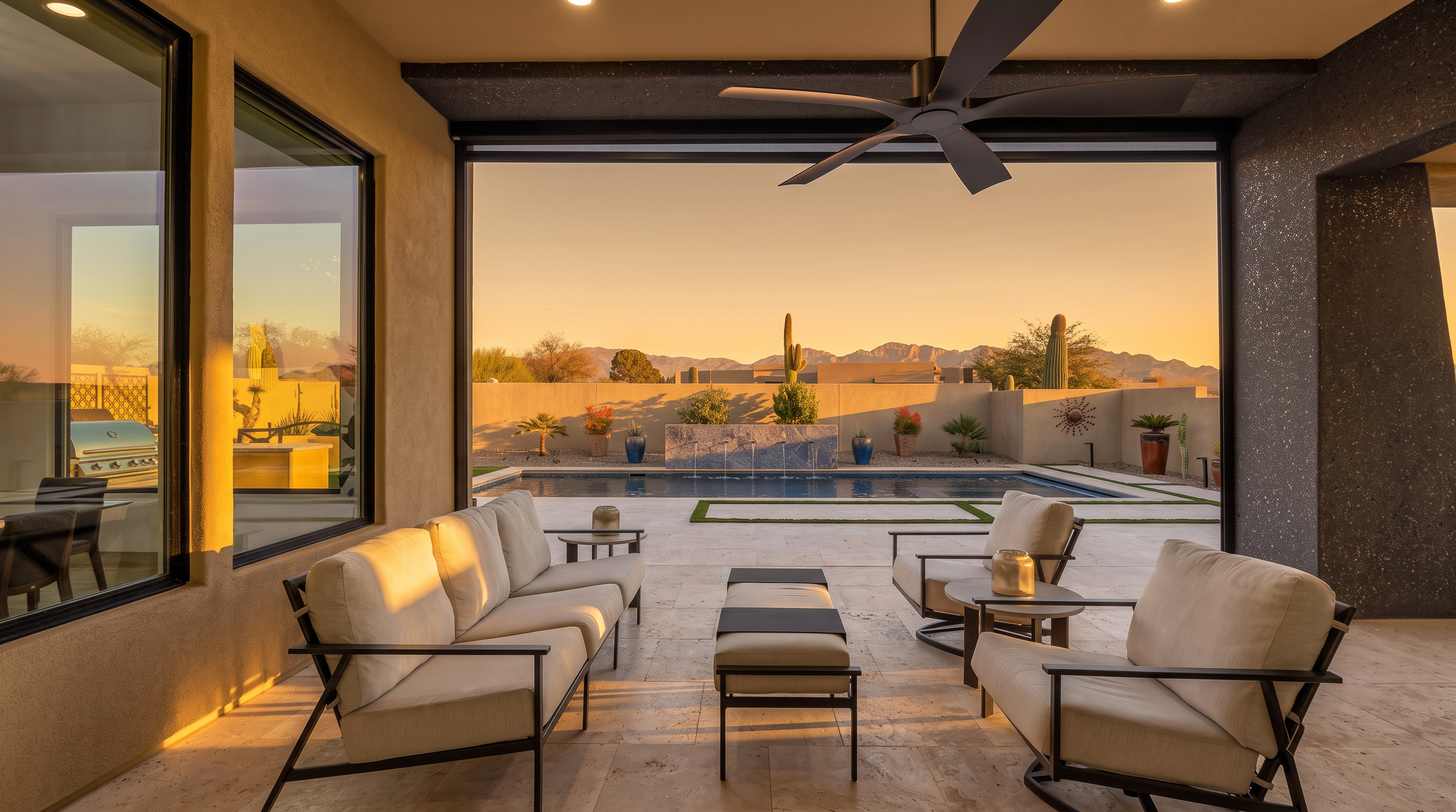 This covered patio offers a seamless transition to an outdoor living space, featuring a comfortable seating area with a sofa, two armchairs, and a central ottoman. The space is framed by large glass panels that open to a view of a swimming pool, a decorative water feature, and distant desert mountains under a clear sky. The neutral-toned stone flooring and modern ceiling fan create a sophisticated, relaxing atmosphere perfect for indoor-outdoor entertaining.