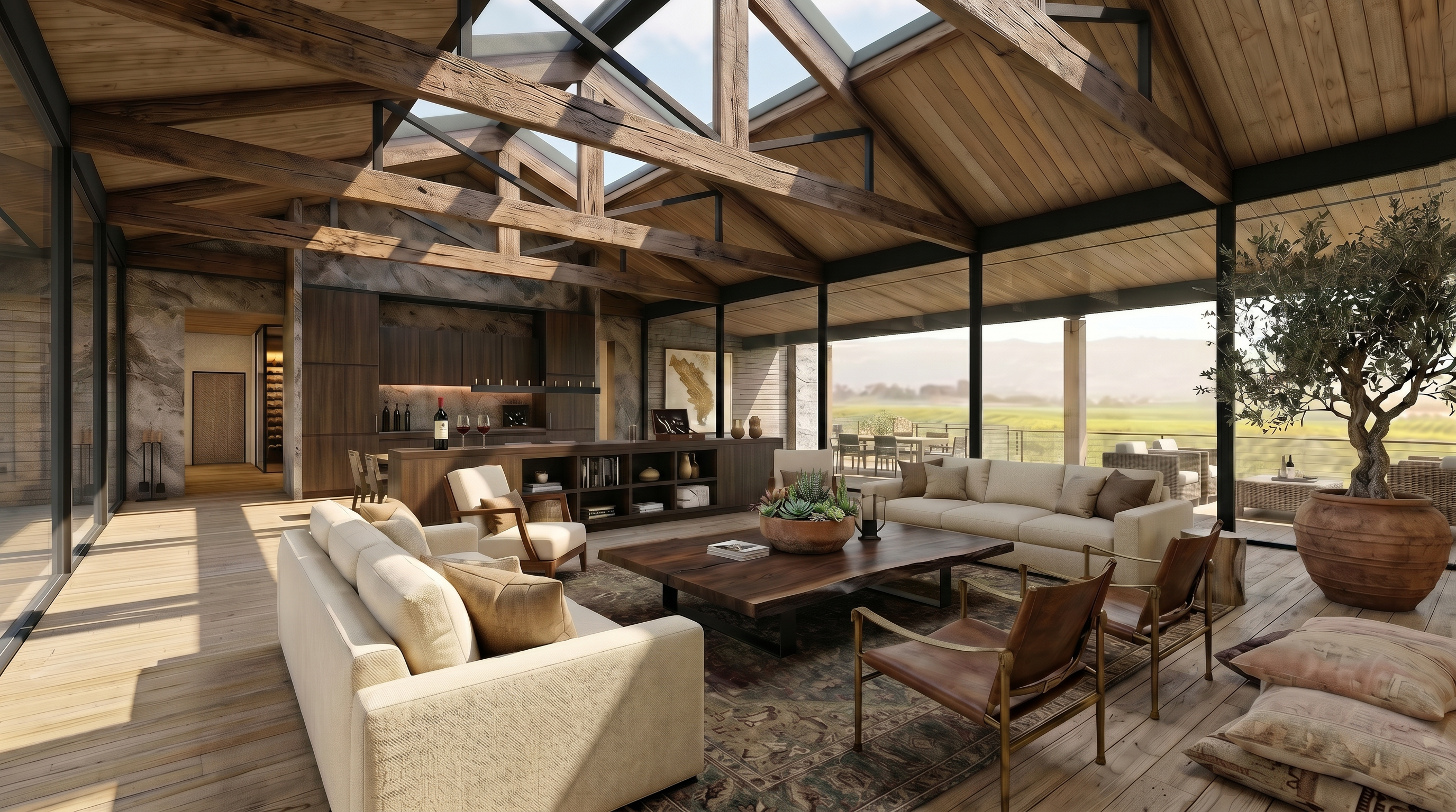 This sophisticated, open-concept living area features a warm, rustic-modern aesthetic defined by heavy exposed timber beams and a soaring skylighted ceiling. The room is anchored by a large, live-edge wood coffee table and comfortable neutral seating, seamlessly connecting to a scenic outdoor patio through expansive floor-to-ceiling glass walls. A built-in bar area with a curated wine display adds an elegant touch, making the space ideal for both relaxed family living and upscale entertaining.