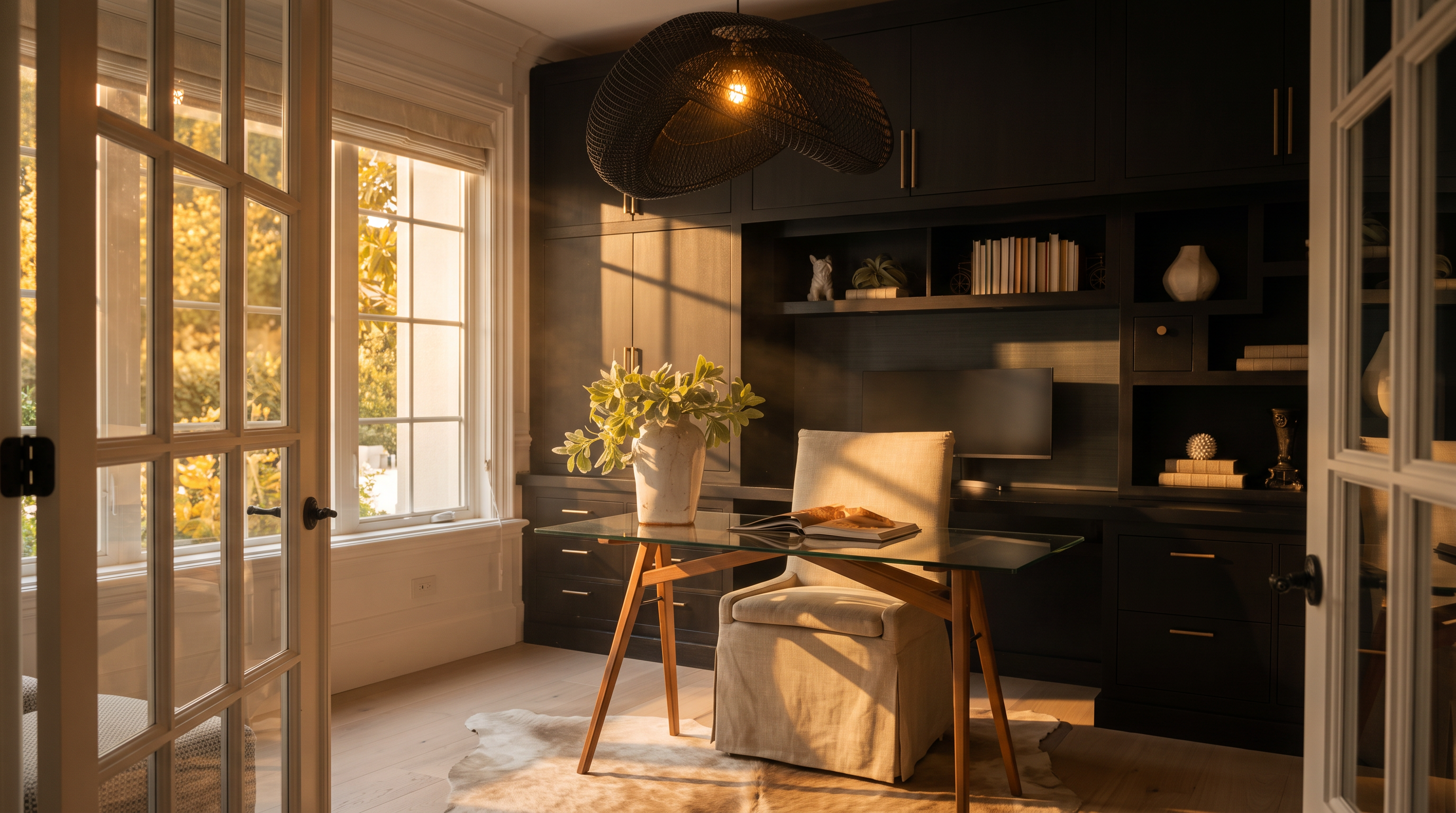 This sophisticated home office features dark, custom built-in cabinetry that provides extensive storage and display shelving. A sleek glass-topped desk with a light wood base sits in the center, paired with a neutral upholstered chair, while a unique, sculptural black pendant light hangs above. The room is framed by glass-paned double doors, creating an elegant and focused workspace with a modern aesthetic.