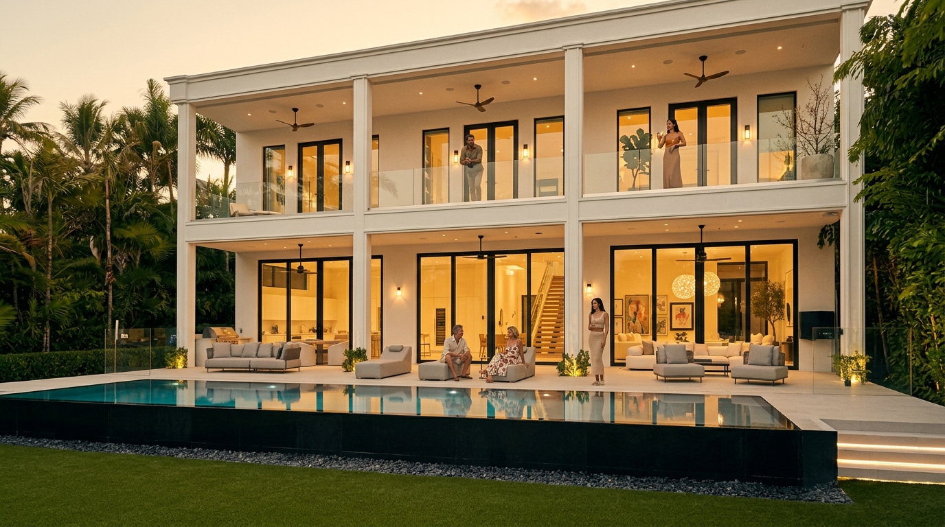 This stunning two-story modern residence is captured at dusk, showcasing a expansive rear facade with floor-to-ceiling glass doors that open onto a spacious patio. The property features a sleek, infinity-edge pool that reflects the twilight sky, complemented by a manicured lawn and lush tropical landscaping. The architectural design emphasizes clean lines and seamless indoor-outdoor living, with integrated lighting illuminating the patio steps and pool area.