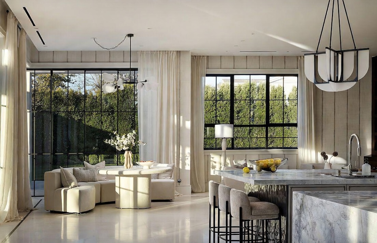 This bright and airy open-concept kitchen features a large stone-topped island with bar seating and a dedicated dining nook with a curved sofa. The space is defined by its neutral color palette, large windows with black frames, and elegant pendant lighting that creates a sophisticated atmosphere. The perspective captures the seamless transition between the culinary area and the casual dining space, highlighting the high-end finishes and natural light.
