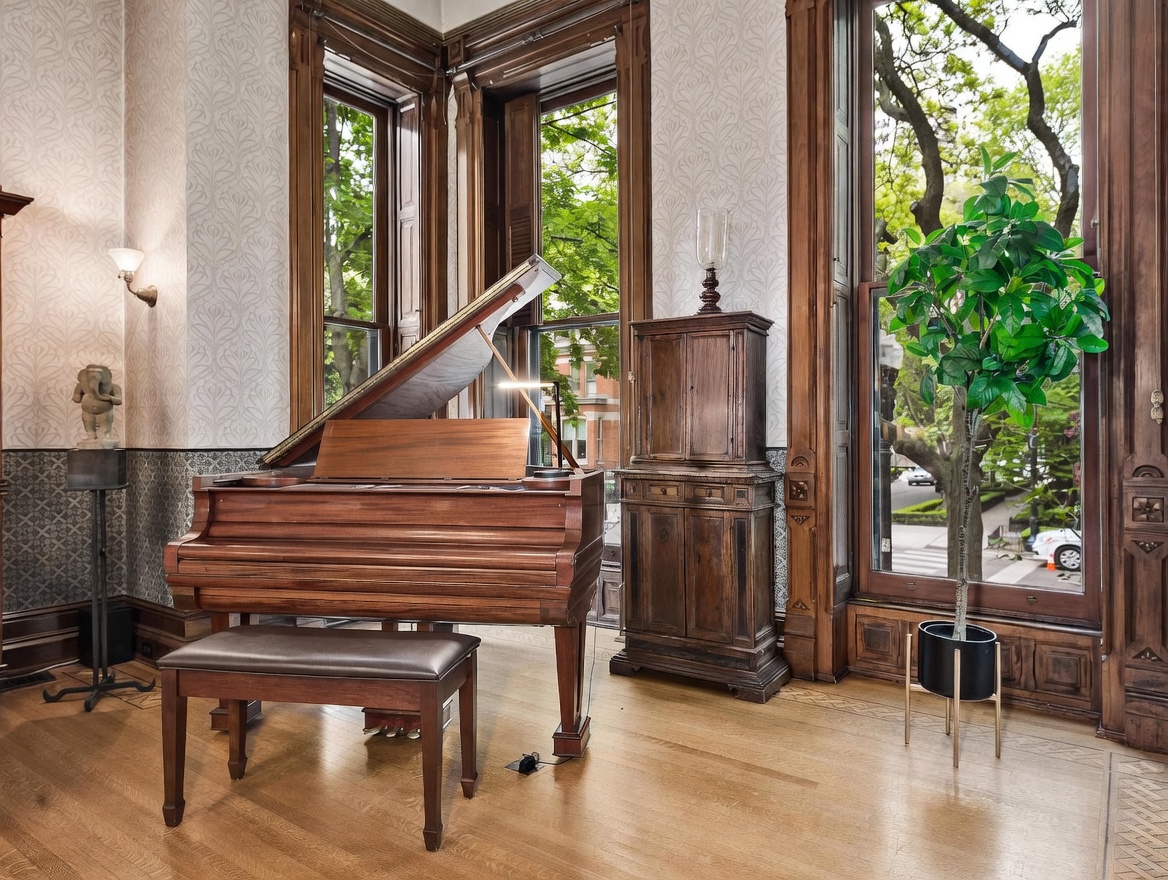 This elegant room features a grand piano as its centerpiece, positioned near large, tall windows that offer a view of the lush greenery outside. The space is characterized by rich, dark wood trim, intricate patterned wallpaper, and polished hardwood flooring. A tall, antique-style wooden cabinet and a potted plant add to the sophisticated, classic atmosphere of the room.