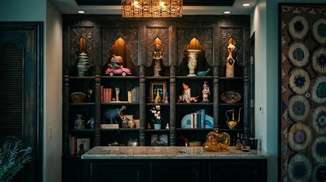 This interior space features a sophisticated built-in bar area with custom ornate woodwork and arched shelving, showcasing an eclectic collection of decorative art and artifacts. The bar is topped with a light granite counter, providing a luxurious focal point, while the adjacent wall displays a vibrant, large-scale textile with circular patterns. The overall aesthetic blends Mediterranean-inspired craftsmanship with a curated, artistic flair.